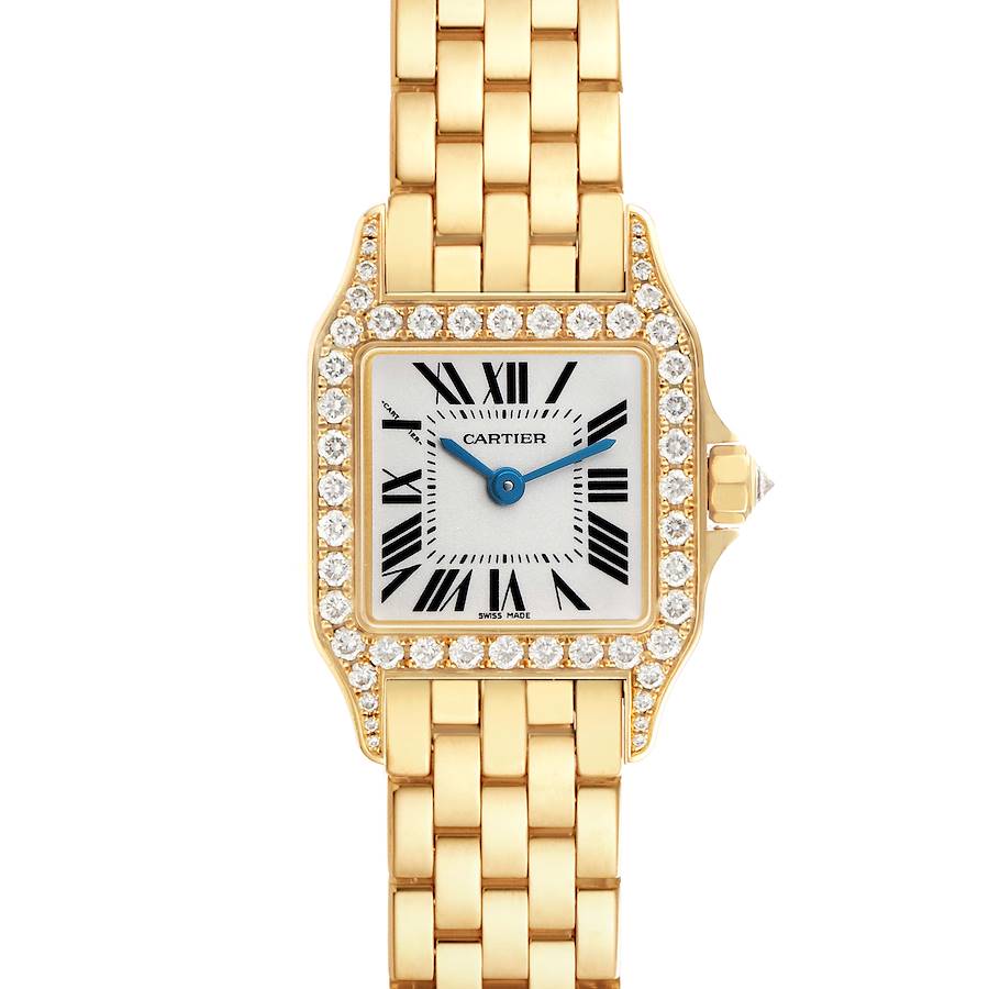The image shows a front view of the Cartier Santos Demoiselle WF9001Y7 Women's Yellow Gold Silver Dial watch, highlighting its bezel and bracelet.