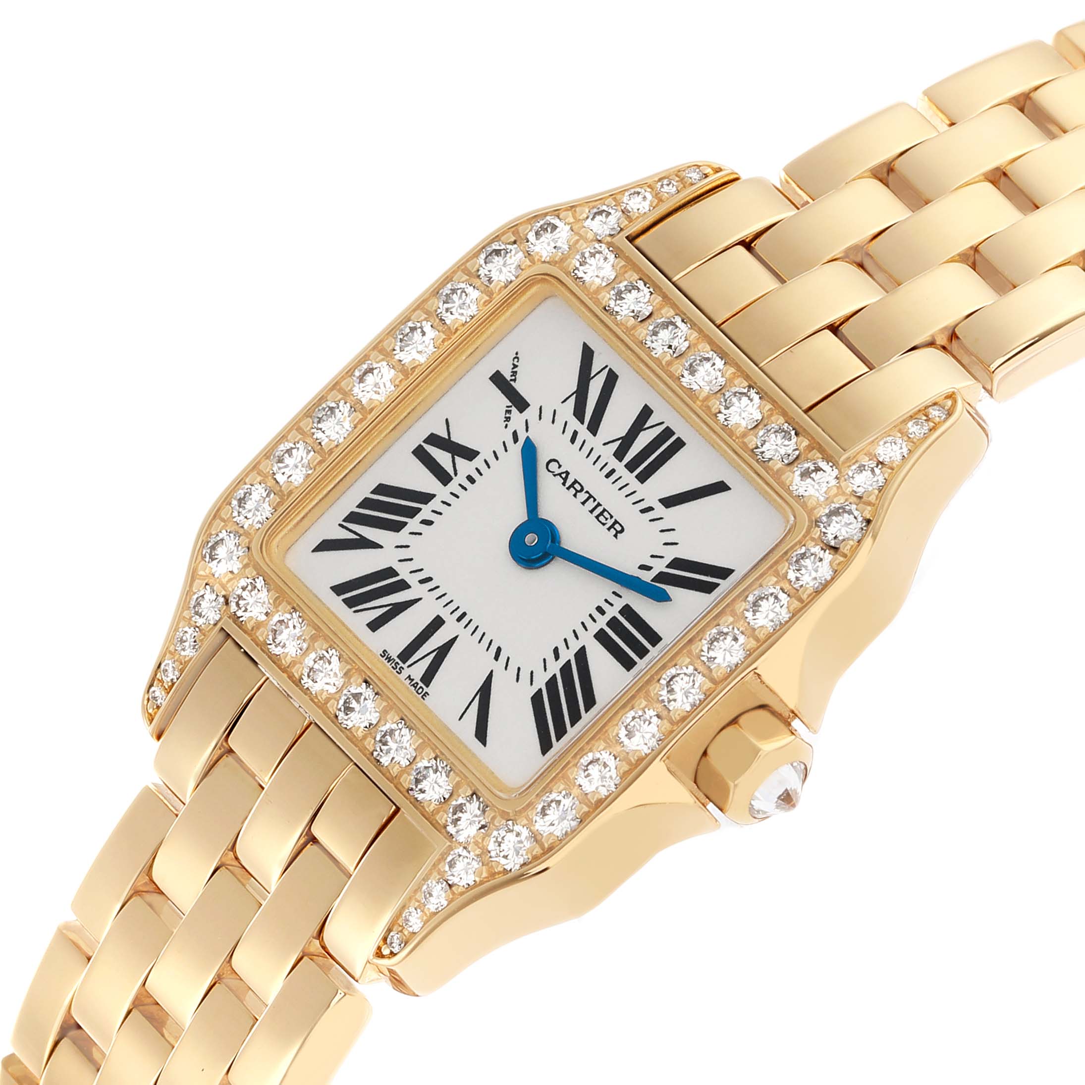 The Cartier Santos Demoiselle WF9001Y7 Women's Yellow Gold Silver Dial watch is shown at a slight left angle, displaying its diamond-set bezel, dial, and bracelet.