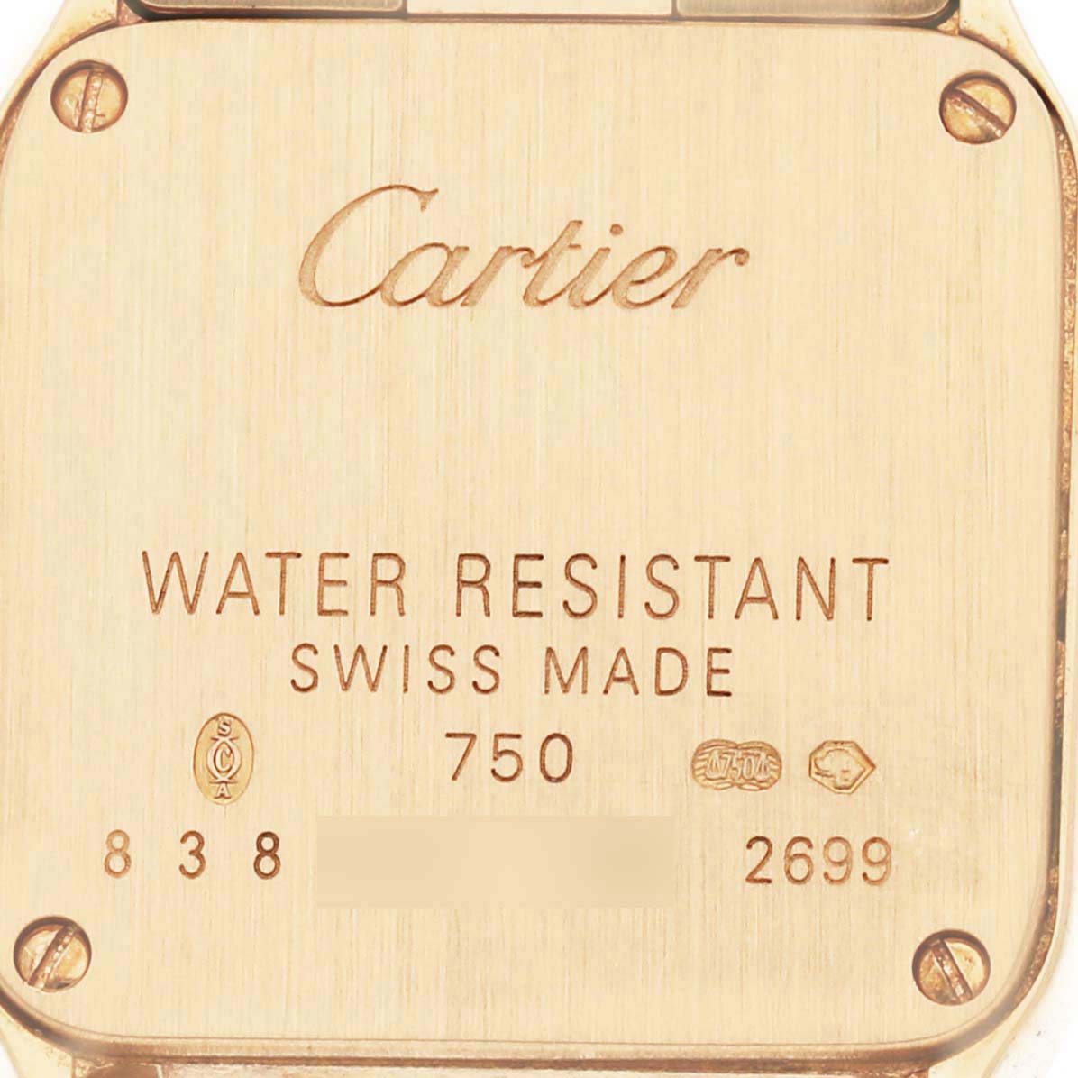 The image shows the back case of a Cartier Santos Demoiselle WF9001Y7 Women's Yellow Gold Silver Dial watch, highlighting engravings and screws.