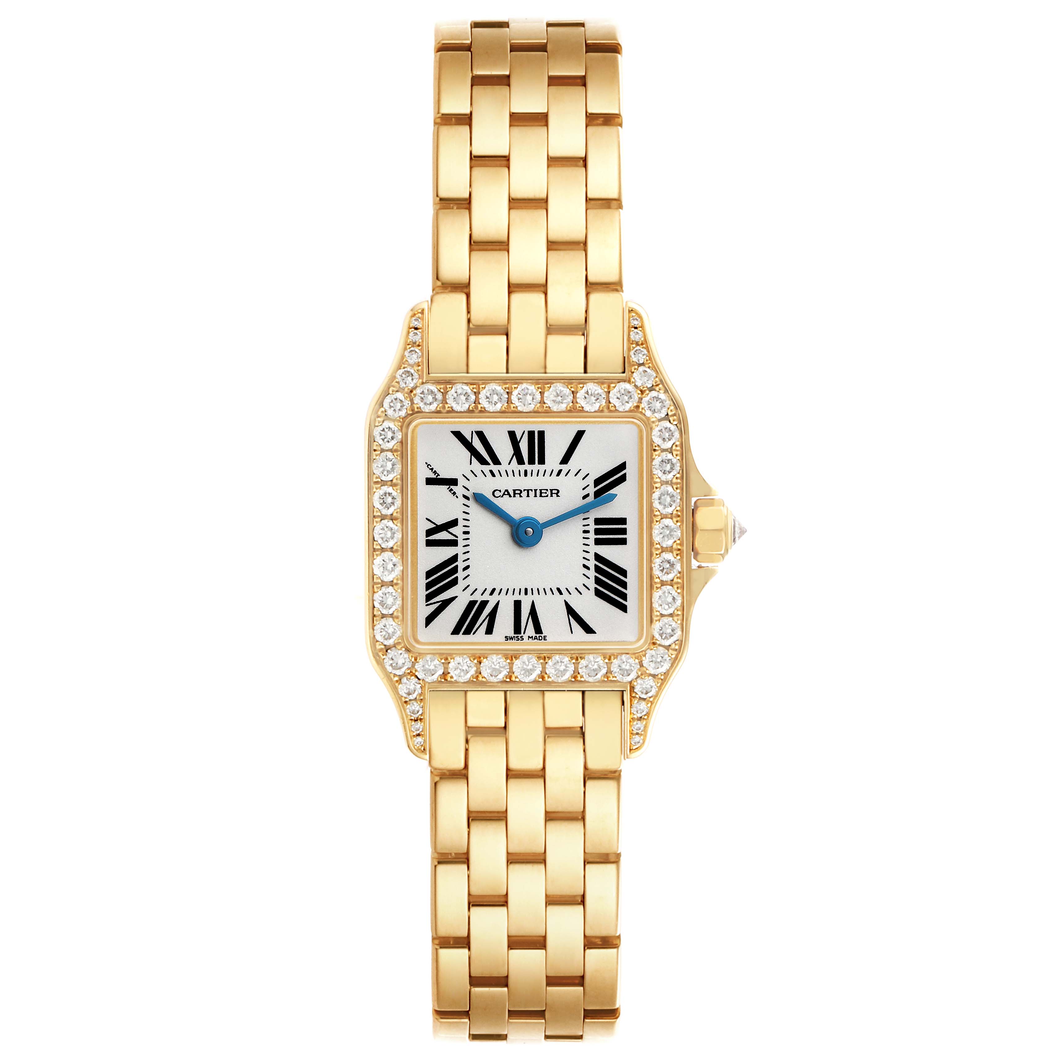 The Cartier Santos Demoiselle WF9001Y7 Women's Yellow Gold Silver Dial watch is shown from the front, displaying the dial, bezel, and bracelet.