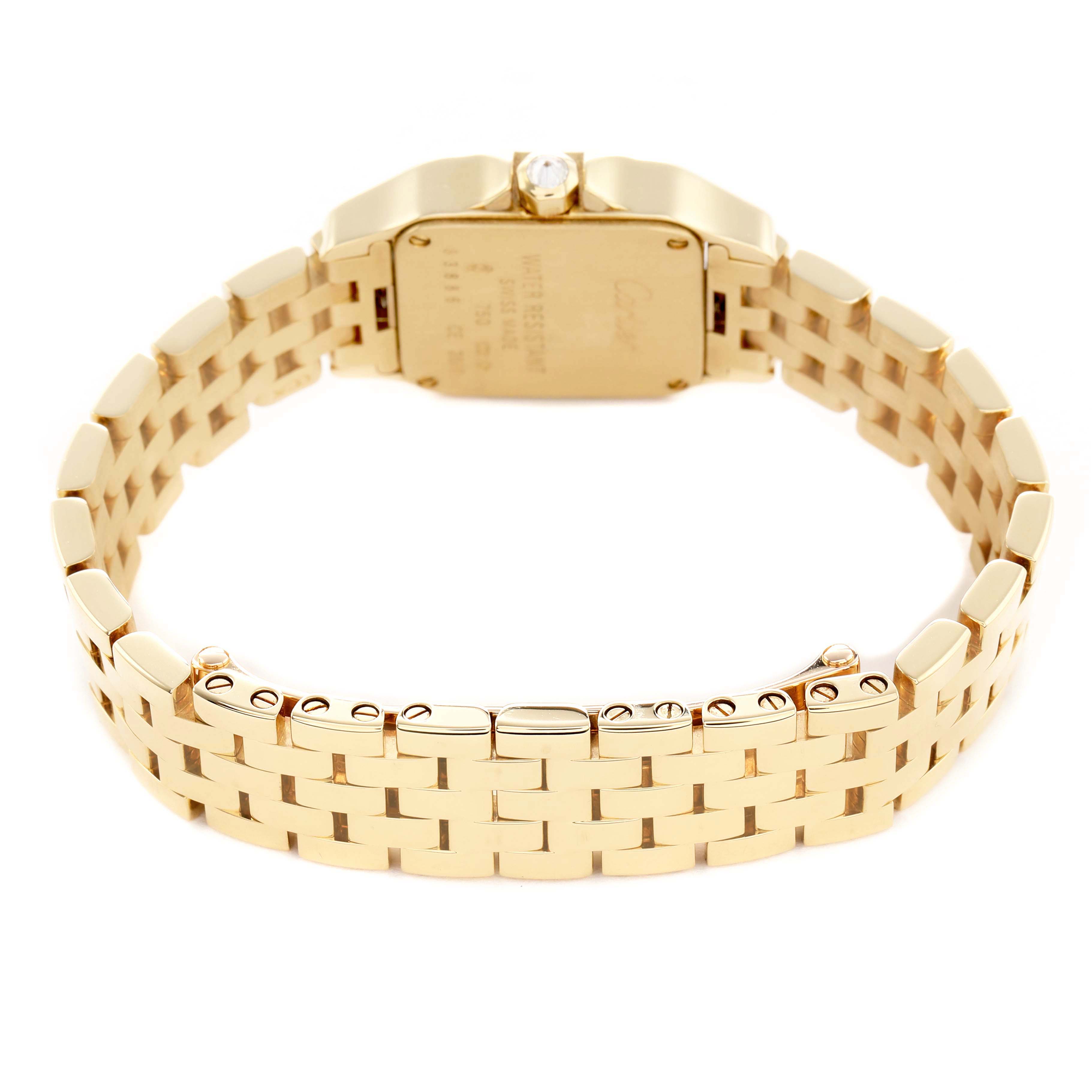 The image shows the back and bracelet of a Cartier Santos Demoiselle WF9001Y7 Women's Yellow Gold Silver Dial watch, highlighting its clasp and links.