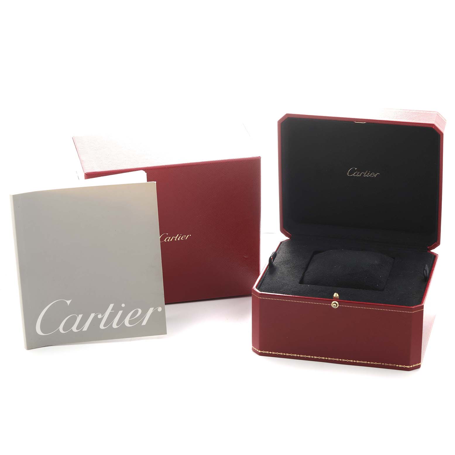 The image shows the Cartier Santos Demoiselle WF9001Y7 Women's Yellow Gold Silver Dial watch box, cushion, and booklet from a frontal angle.