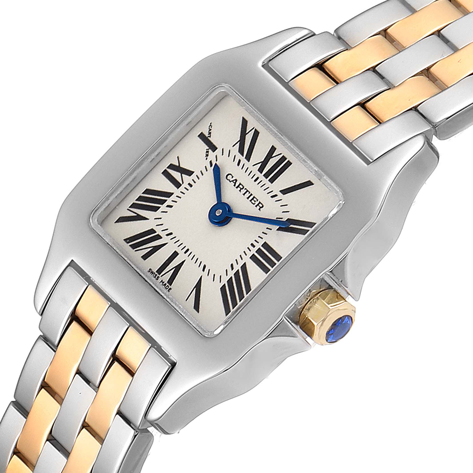 The image shows a close-up of the face, bezel, and part of the bracelet of a Cartier Santos Demoiselle W25066Z6 Women
s Stainless Steel Silver Dial W25066Z6 Women
s Stainless Steel Silver Dial watch.