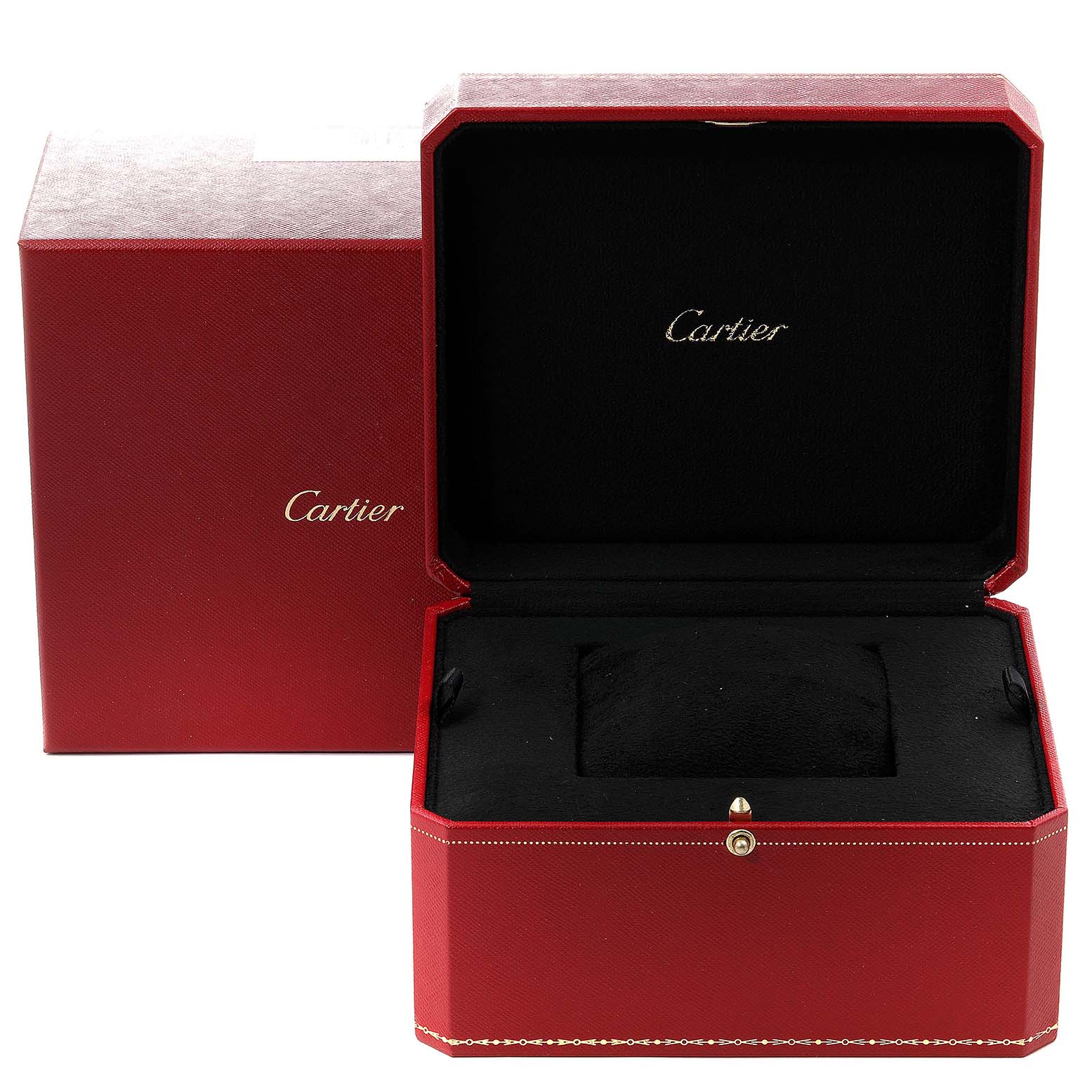 The image shows an open red Cartier box, likely for the Santos Demoiselle watch, with "Cartier" written inside the lid.