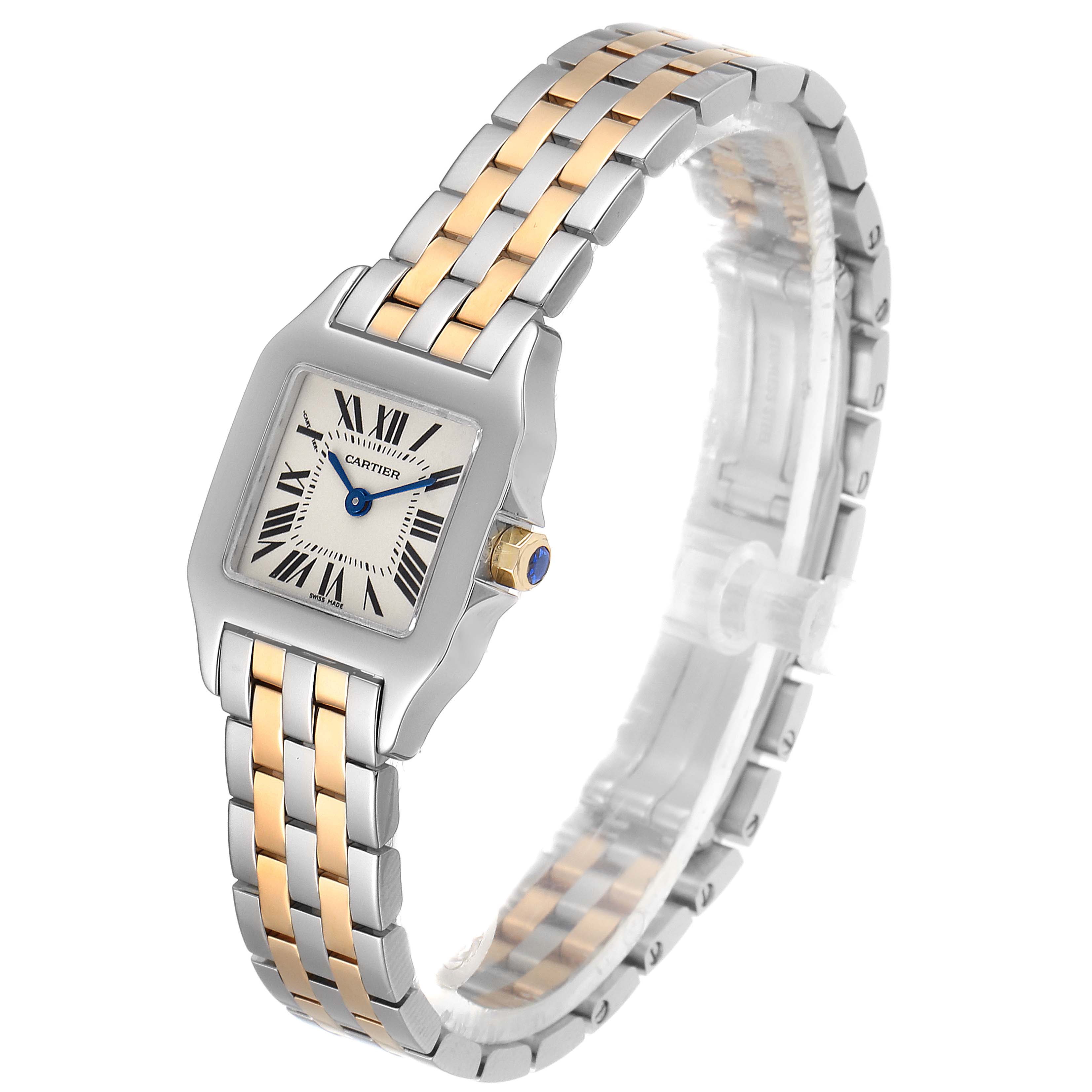 The image shows a Cartier Santos Demoiselle W25066Z6 Women
s Stainless Steel Silver Dial W25066Z6 Women
s Stainless Steel Silver Dial watch, featuring a two-tone metal bracelet and square face, angled slightly from the front.