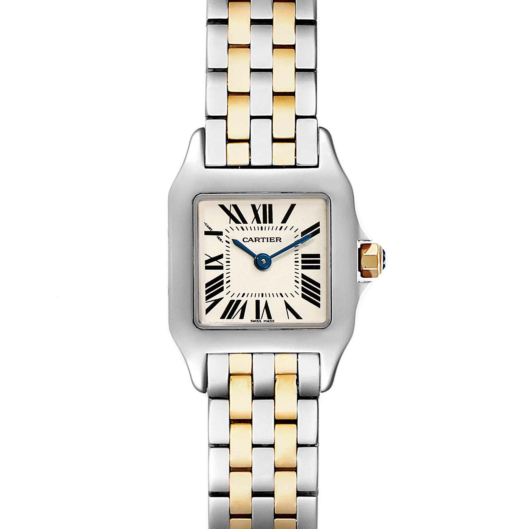The image shows a frontal view of the Cartier Santos Demoiselle W25066Z6 Women
s Stainless Steel Silver Dial W25066Z6 Women
s Stainless Steel Silver Dial watch, highlighting its face, bezel, and two-tone bracelet.