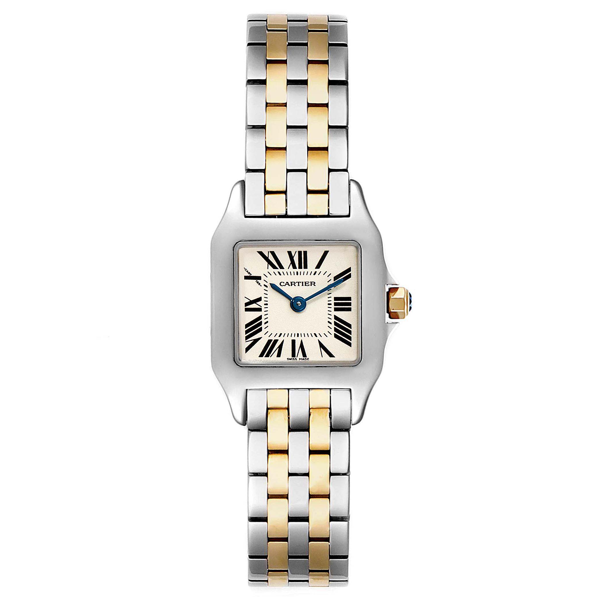The Cartier Santos Demoiselle W25066Z6 Women
s Stainless Steel Silver Dial W25066Z6 Women
s Stainless Steel Silver Dial watch is shown from a front angle, displaying the face, bezel, and two-tone metal bracelet.