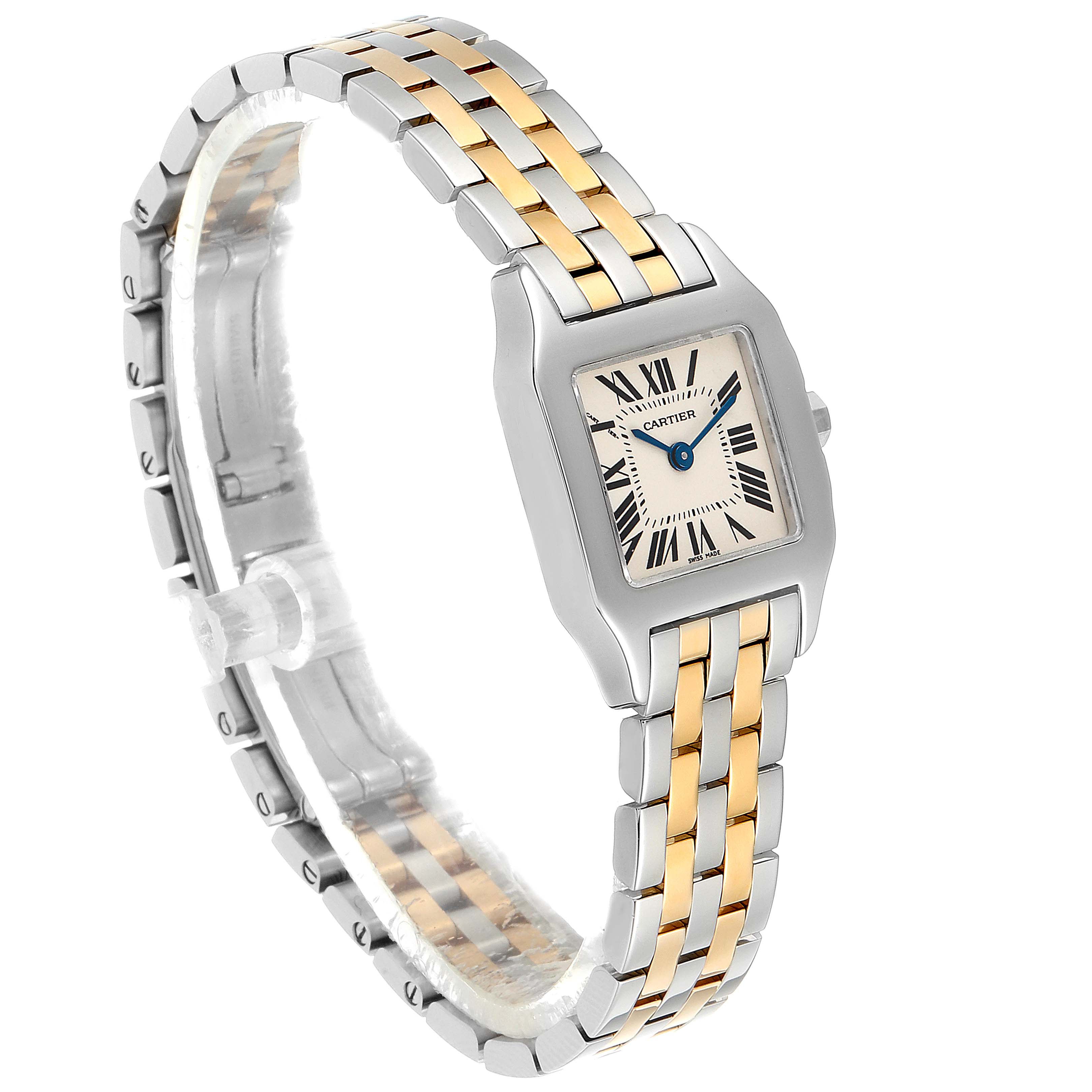 The image shows a side angle view of a Cartier Santos Demoiselle W25066Z6 Women
s Stainless Steel Silver Dial W25066Z6 Women
s Stainless Steel Silver Dial watch featuring a two-tone bracelet and a square face with Roman numerals.