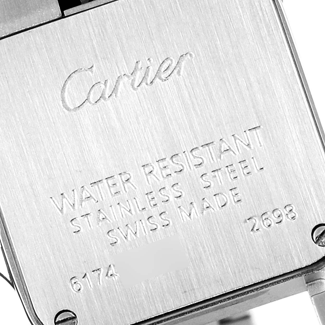 This image shows the back case of the Cartier Santos Demoiselle W25066Z6 Women
s Stainless Steel Silver Dial W25066Z6 Women
s Stainless Steel Silver Dial watch, highlighting its water-resistant and stainless steel features.