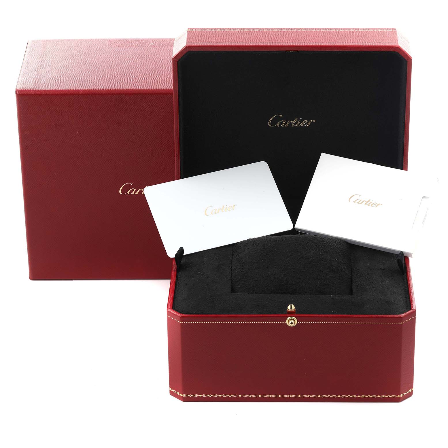 The image shows the open box and packaging for the Cartier Santos Dumont WGSA0077 Men's Yellow Gold Black Dial WGSA0077 Men's Yellow Gold Black Dial watch, with branded cards included.