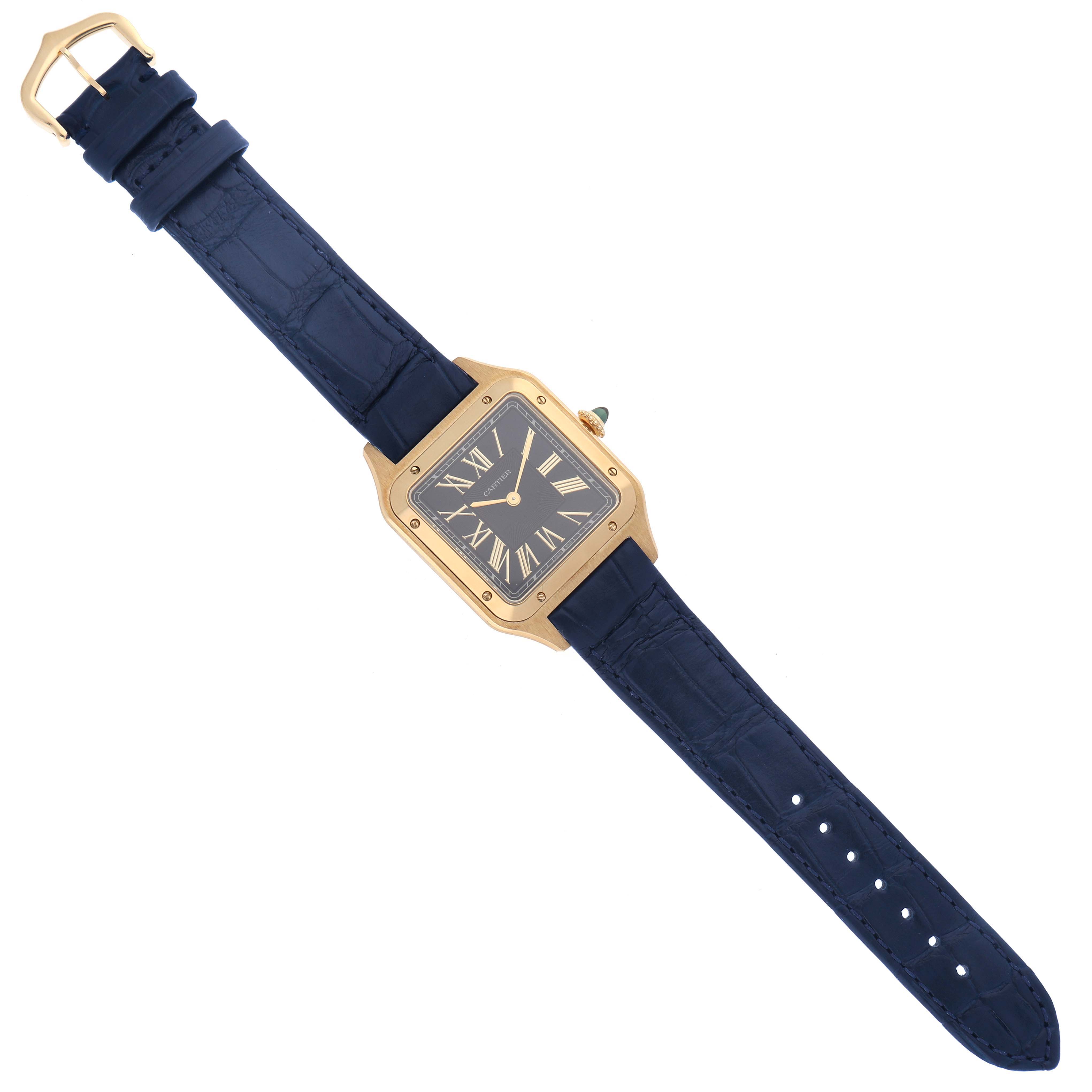 The Cartier Santos Dumont WGSA0077 Men's Yellow Gold Black Dial WGSA0077 Men's Yellow Gold Black Dial watch is shown from the top, displaying its face, strap, and buckle in full view.