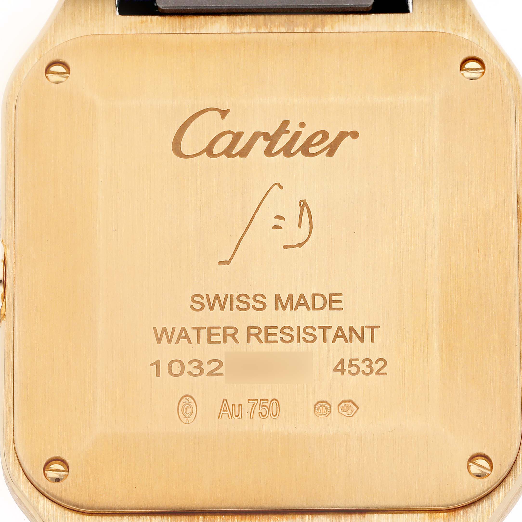 The image shows the back case of the Cartier Santos Dumont WGSA0077 Men's Yellow Gold Black Dial WGSA0077 Men's Yellow Gold Black Dial watch, displaying engravings and details.