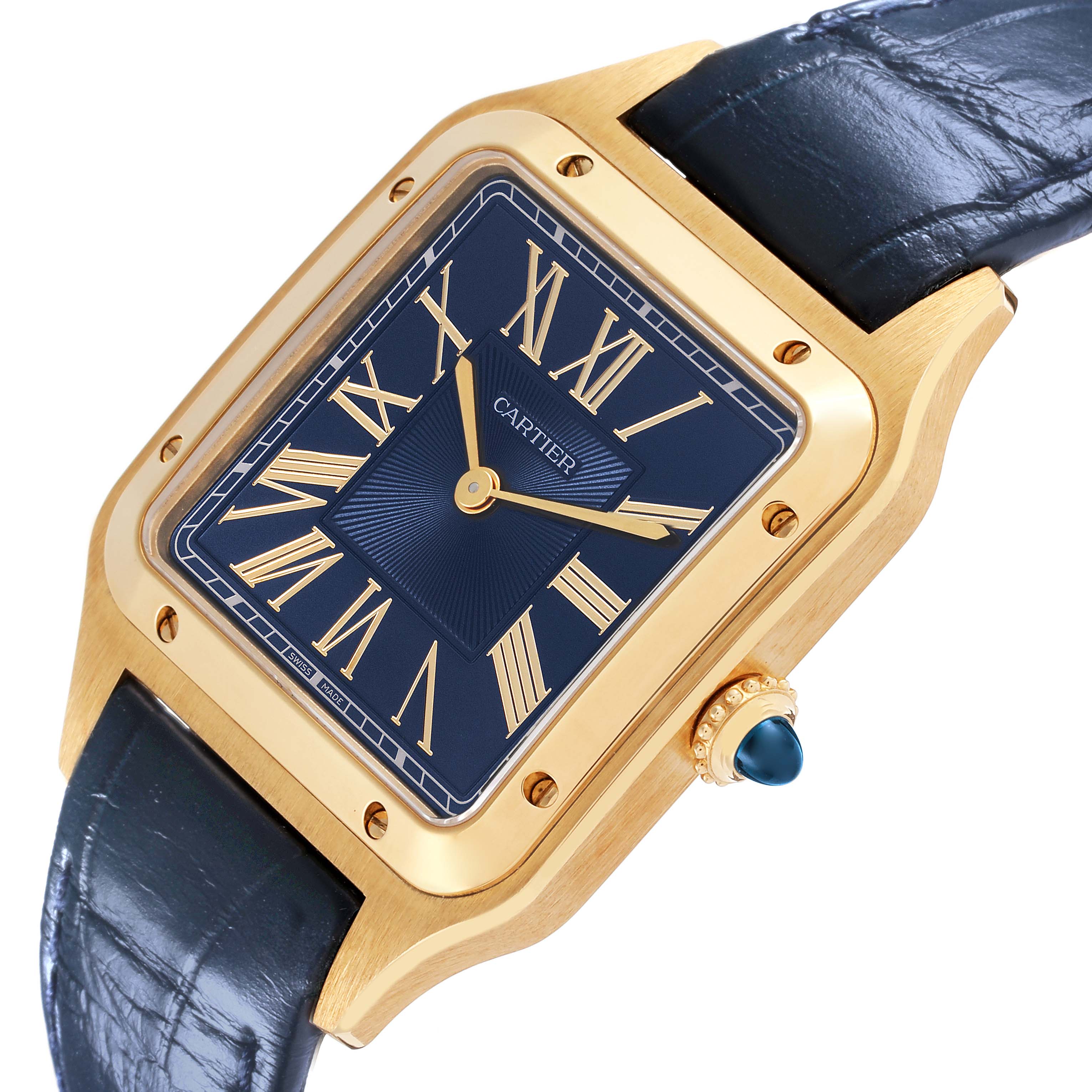 The Cartier Santos Dumont WGSA0077 Men's Yellow Gold Black Dial WGSA0077 Men's Yellow Gold Black Dial watch is shown at an angle highlighting the blue dial, gold case, and crown with a blue cabochon.
