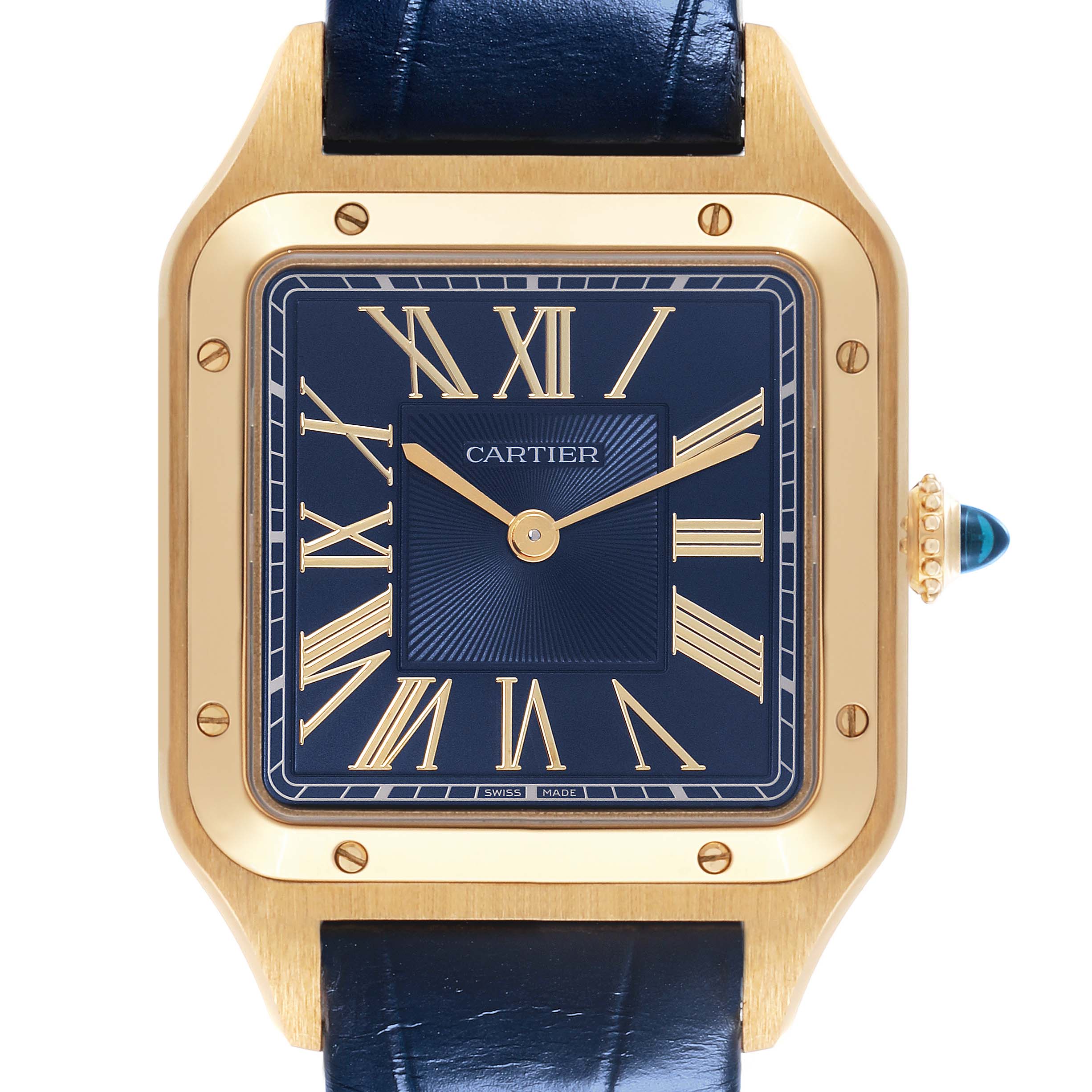 The image shows a front view of the Cartier Santos Dumont WGSA0077 Men's Yellow Gold Black Dial WGSA0077 Men's Yellow Gold Black Dial watch, highlighting the dial, case, and strap.