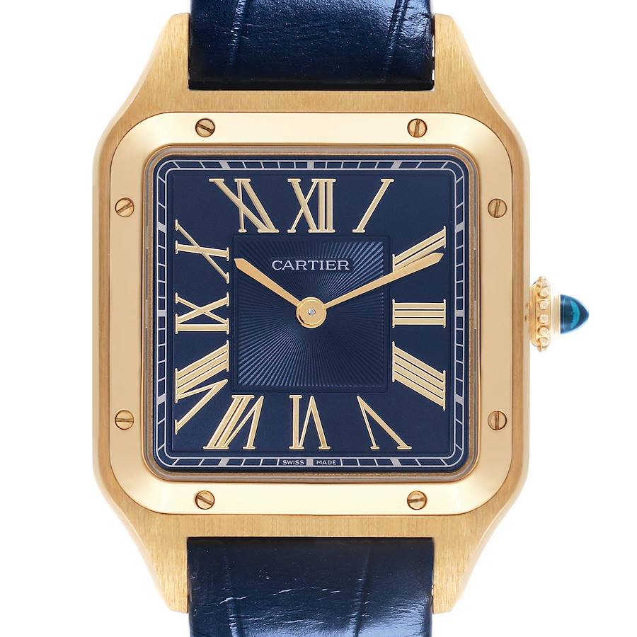 The image shows a front view of the Cartier Santos Dumont watch, highlighting the dial, case, and strap.