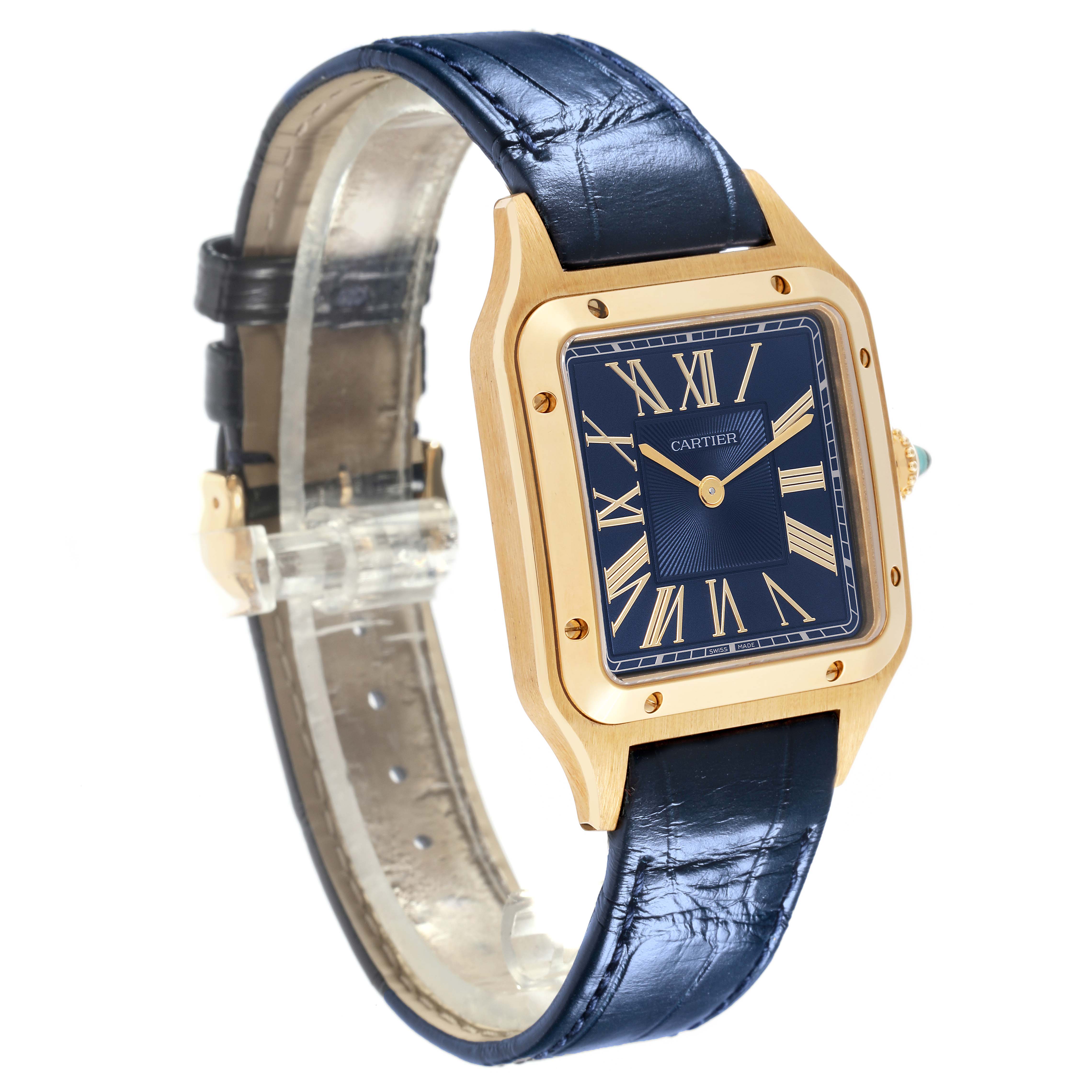 The Cartier Santos Dumont WGSA0077 Men's Yellow Gold Black Dial WGSA0077 Men's Yellow Gold Black Dial watch is displayed at an angled side view, showing the square dial, gold bezel, and leather strap.