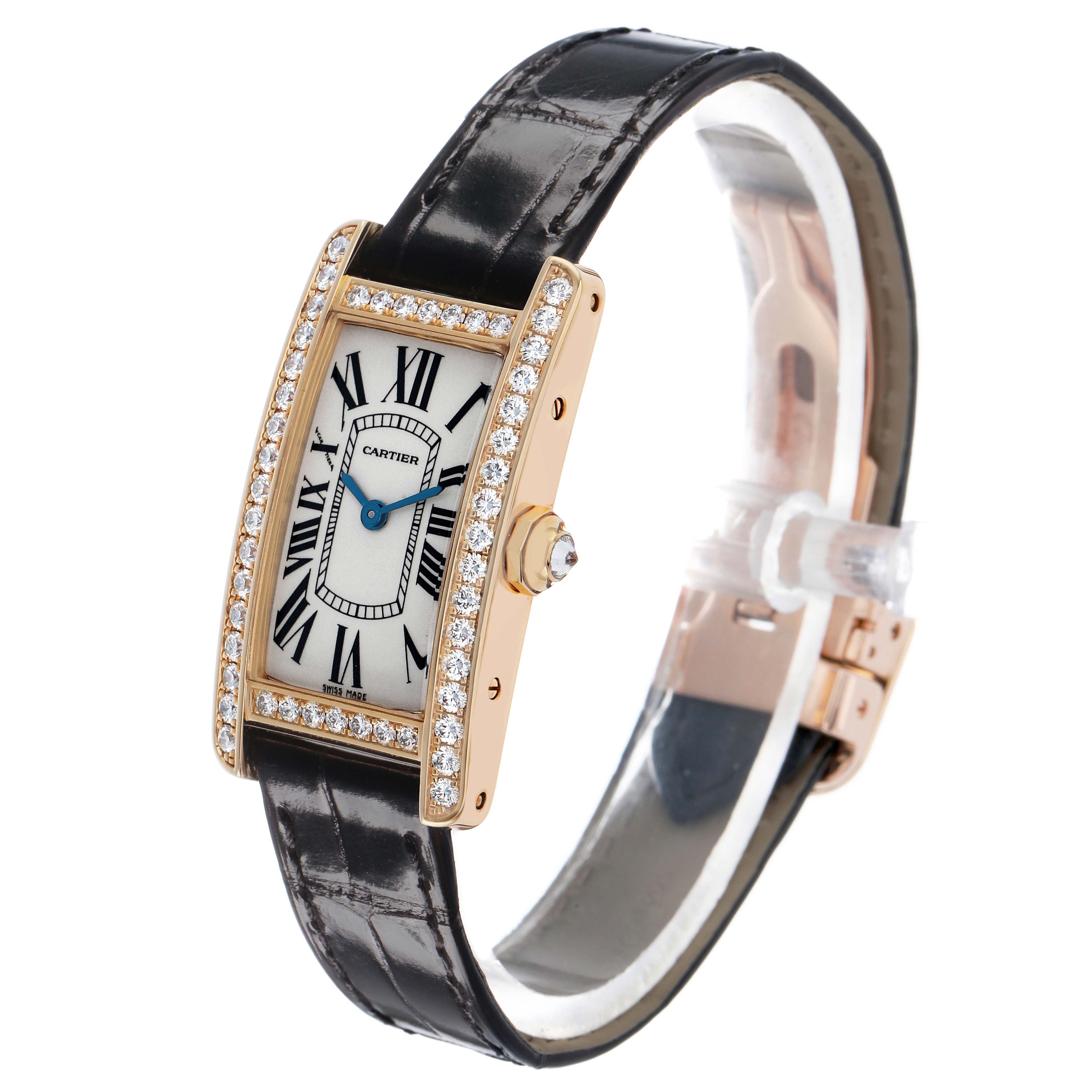 The image shows a Cartier Tank Américaine watch at an angled side view, highlighting its diamond-encrusted bezel, rectangular dial, and leather strap.