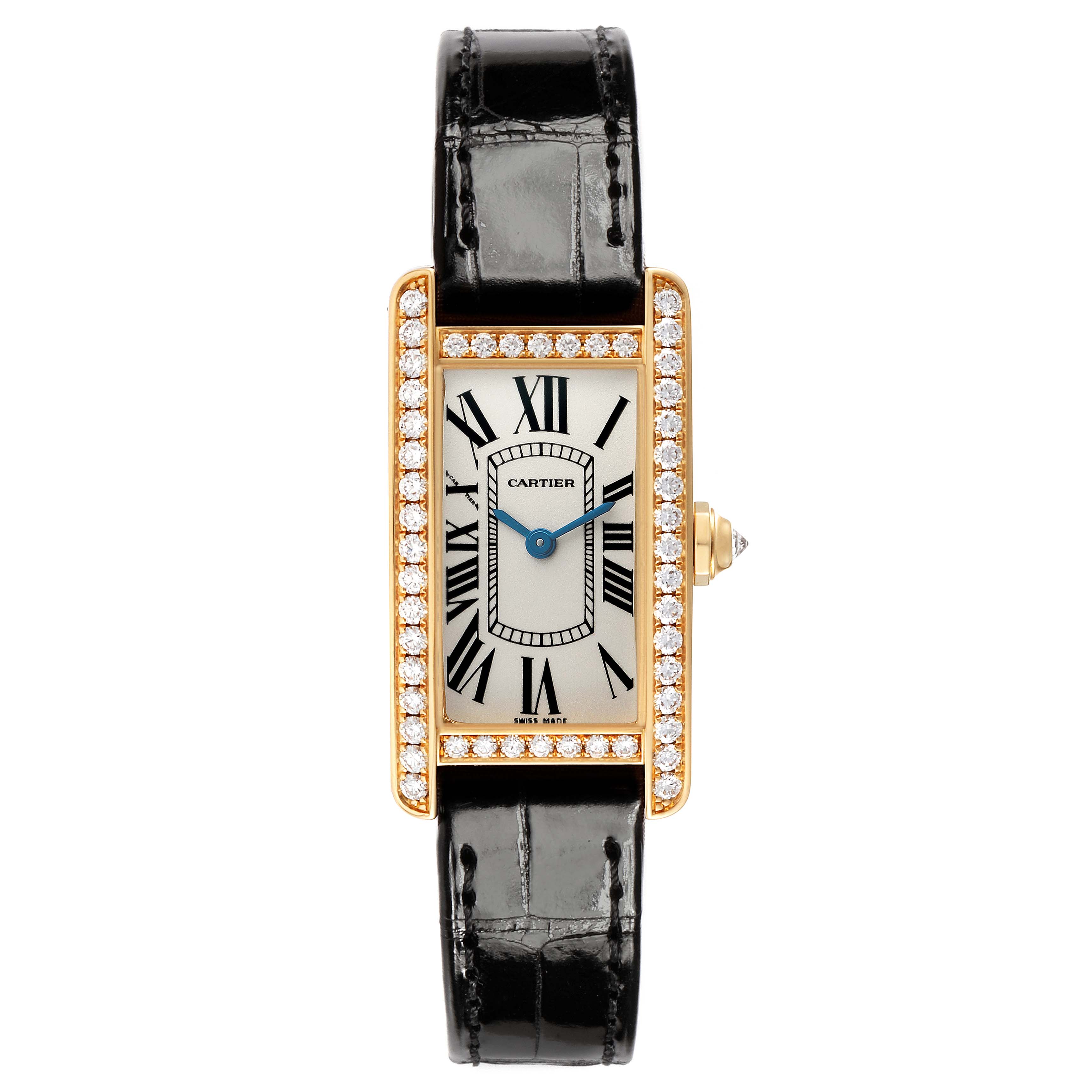 The Cartier Tank Americaine WB707231 Women's Yellow Gold Silver Dial watch is shown from a top-down angle, featuring its rectangular face, Roman numeral dial, diamond bezel, and black leather strap.