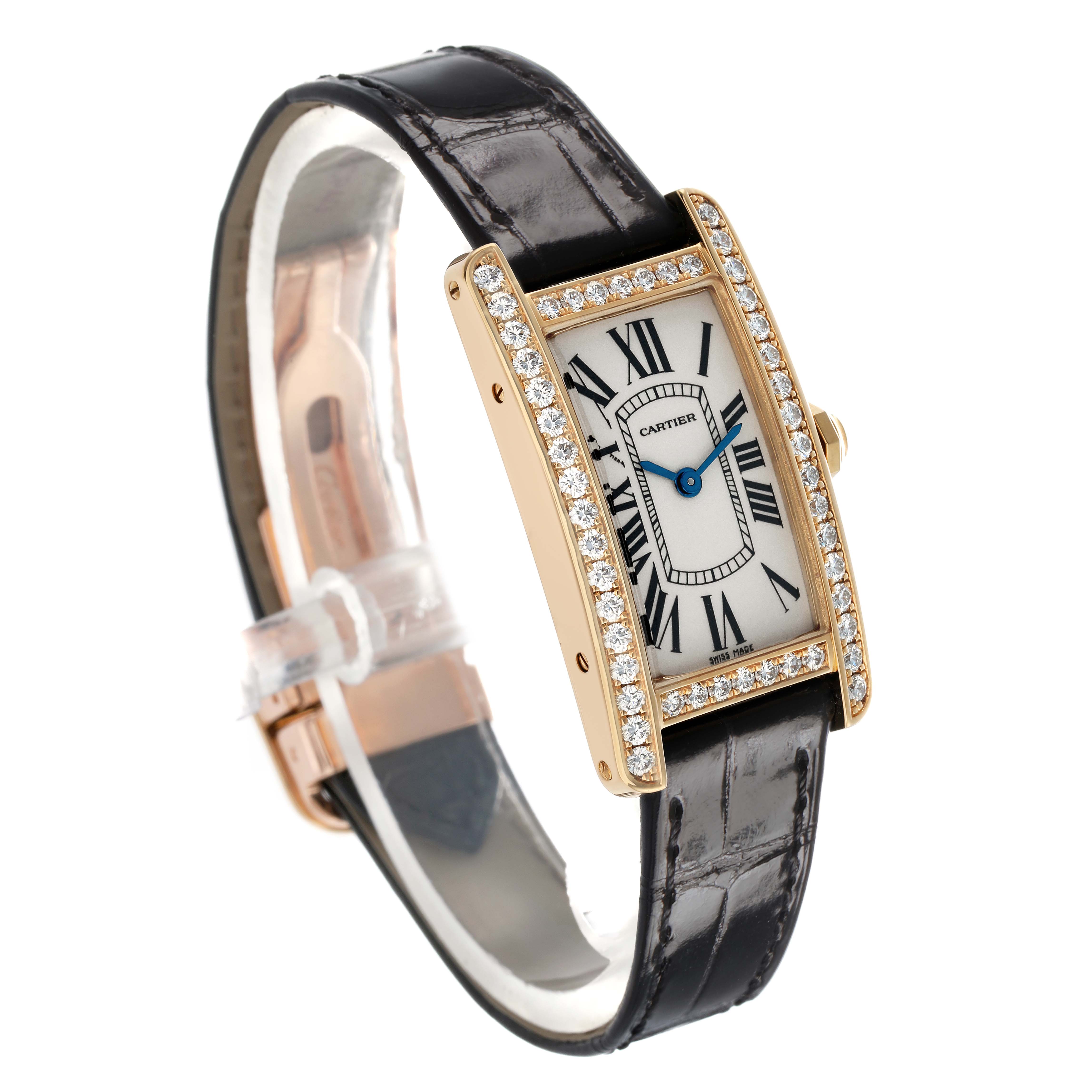 The Cartier Tank Américaine watch is shown at an angle highlighting its rectangular face, diamond bezel, and leather strap.