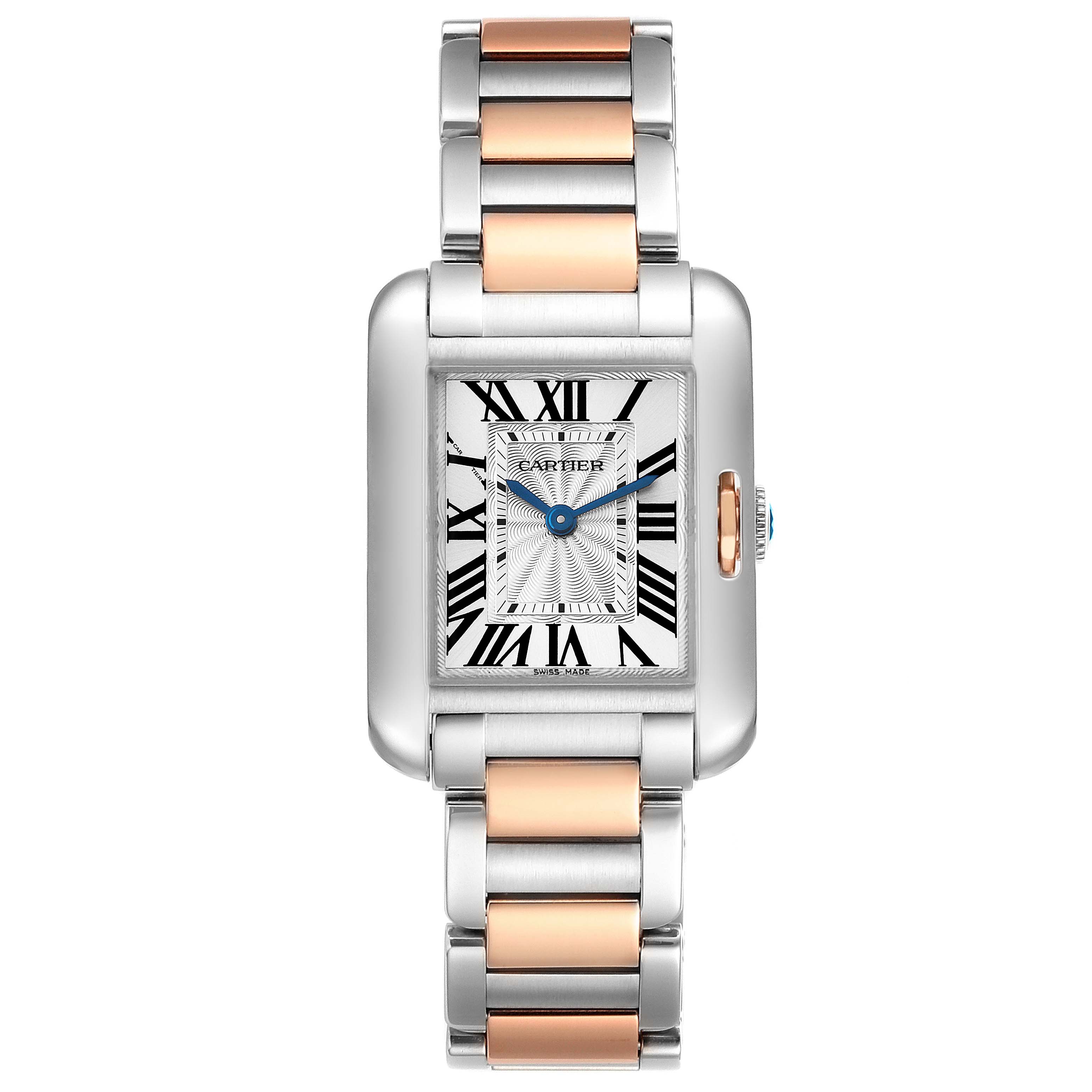 The image shows a Cartier Tank Anglaise W5310036 Women's Steel and Gold (two tone) Silver Dial W5310036 Women's Steel and Gold (two tone) Silver Dial watch, straight-on, highlighting its rectangular face and two-tone metal bracelet.