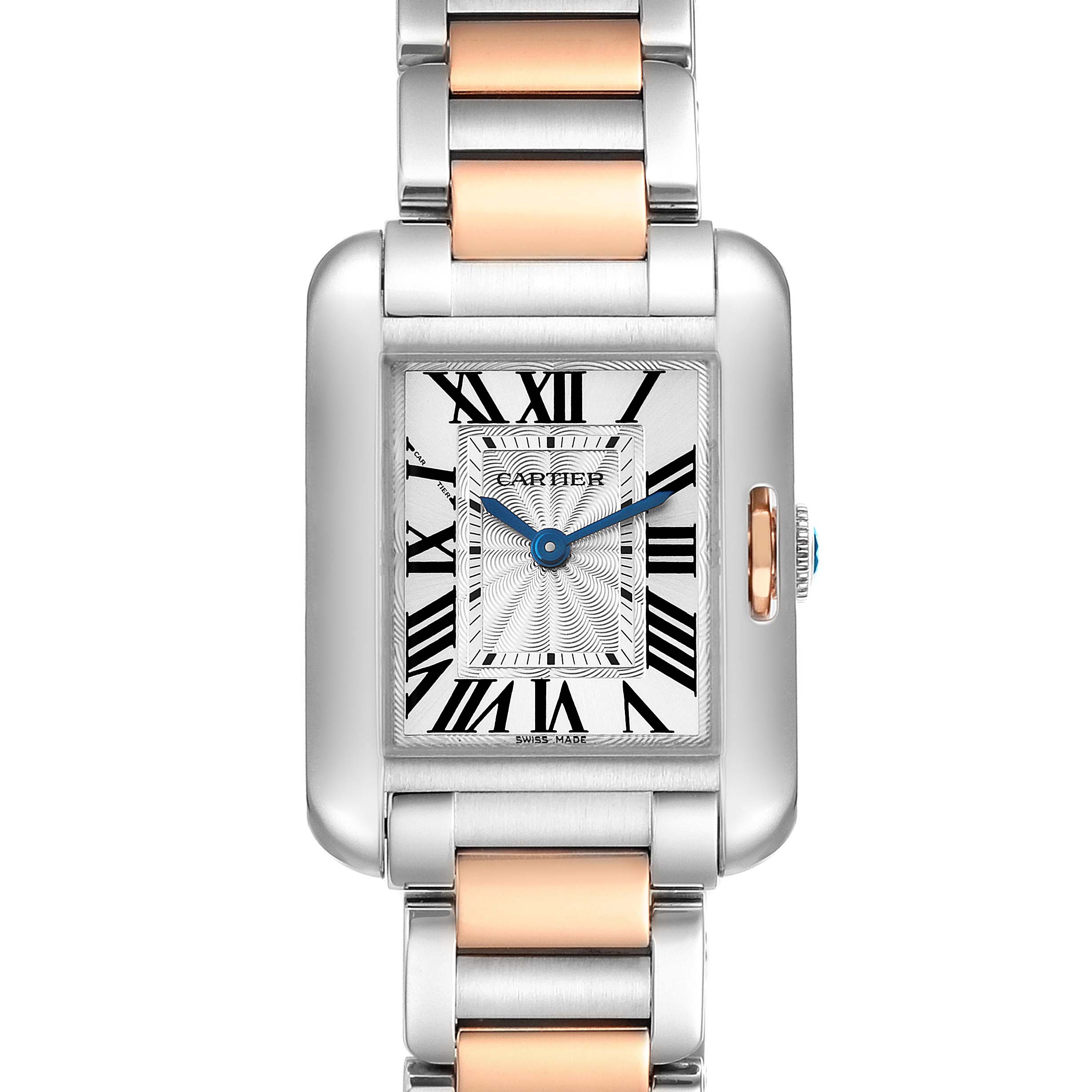 The image shows a Cartier Tank Anglaise W5310036 Women's Steel and Gold (two tone) Silver Dial W5310036 Women's Steel and Gold (two tone) Silver Dial watch with a rectangular dial, Roman numerals, and a two-tone metal bracelet from a front angle.