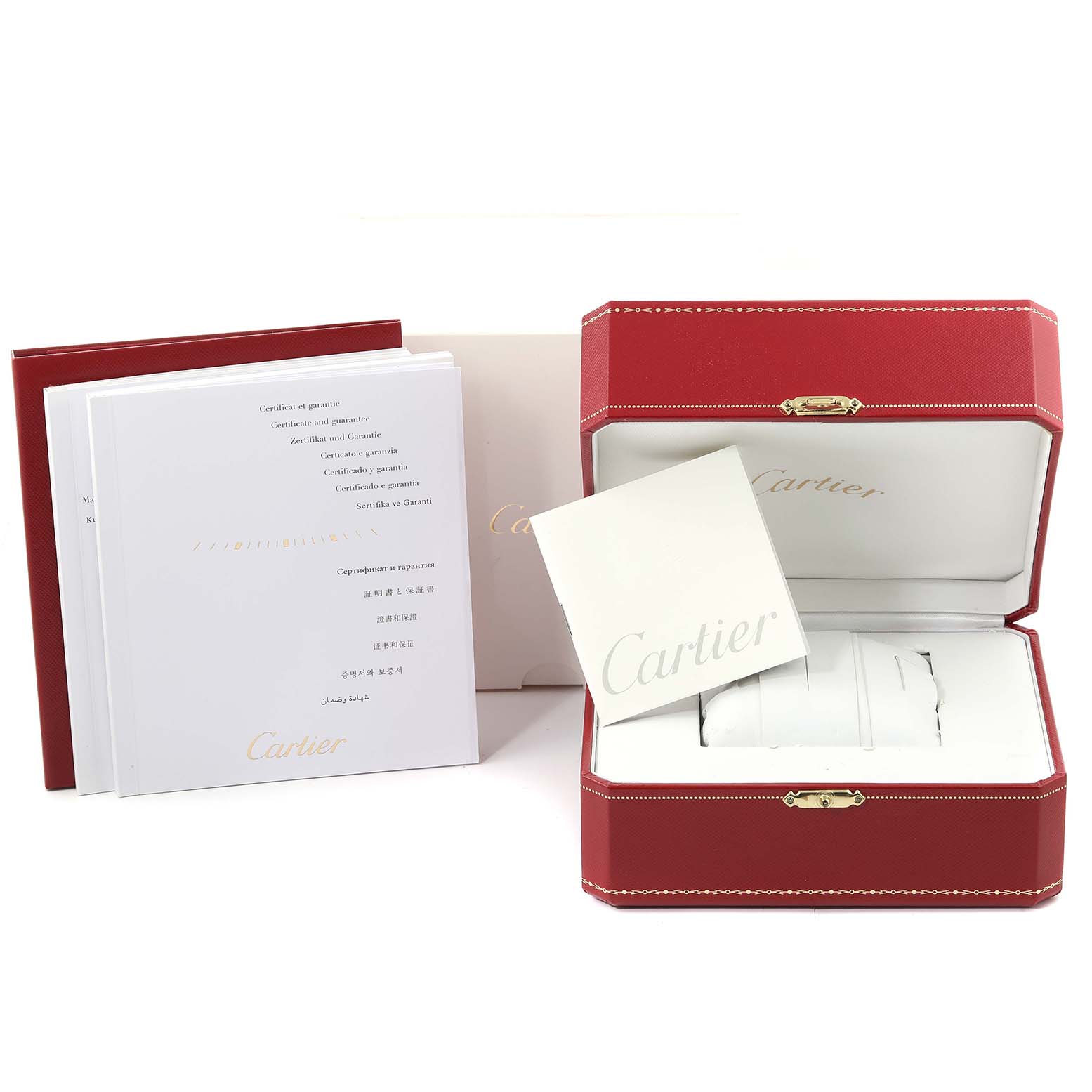 The image shows the packaging, box, and manuals for a Cartier Tank Anglaise W5310036 Women's Steel and Gold (two tone) Silver Dial W5310036 Women's Steel and Gold (two tone) Silver Dial watch.