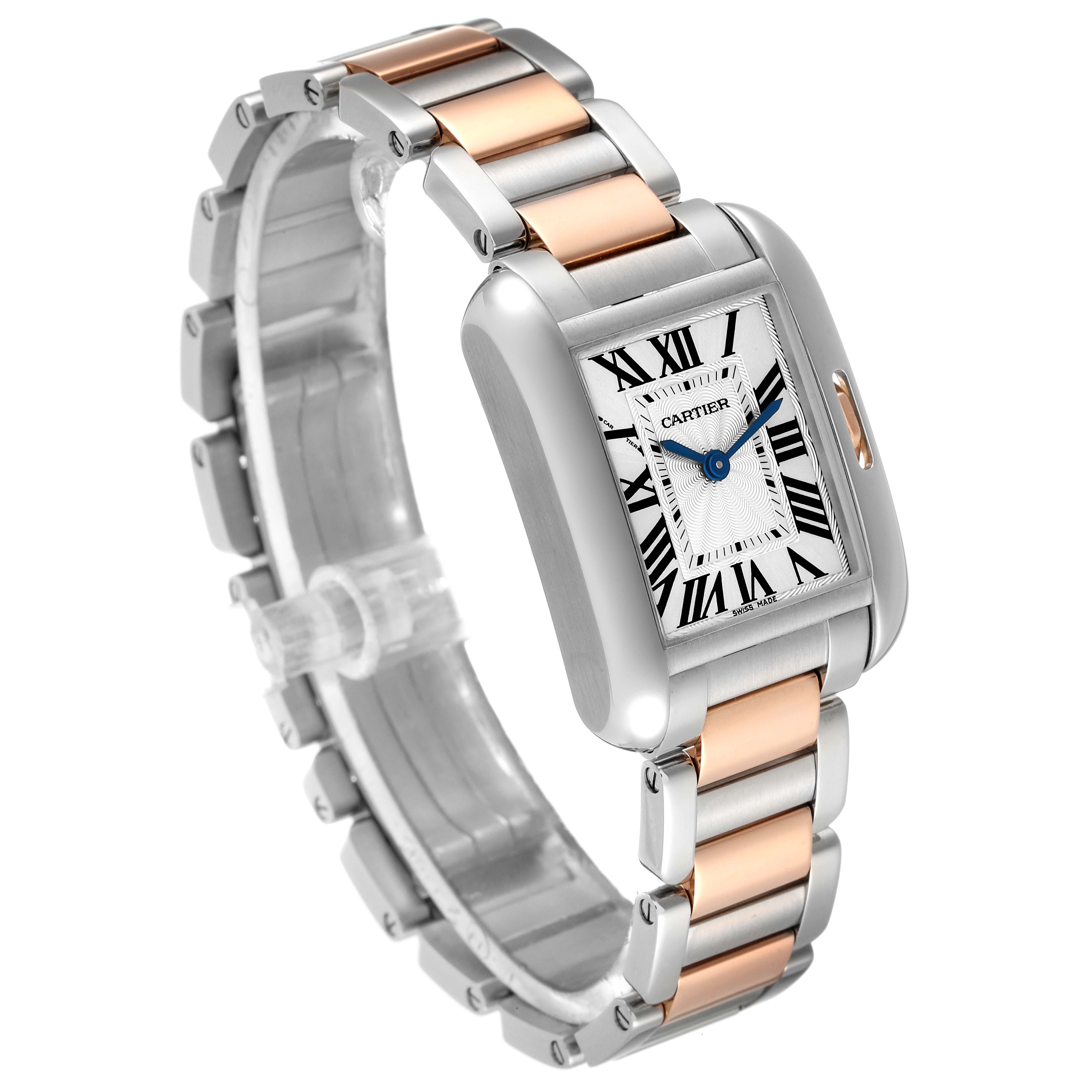 The image shows a side-angle view of a Cartier Tank Anglaise W5310036 Women's Steel and Gold (two tone) Silver Dial W5310036 Women's Steel and Gold (two tone) Silver Dial watch, highlighting its two-tone metal bracelet and rectangular face.