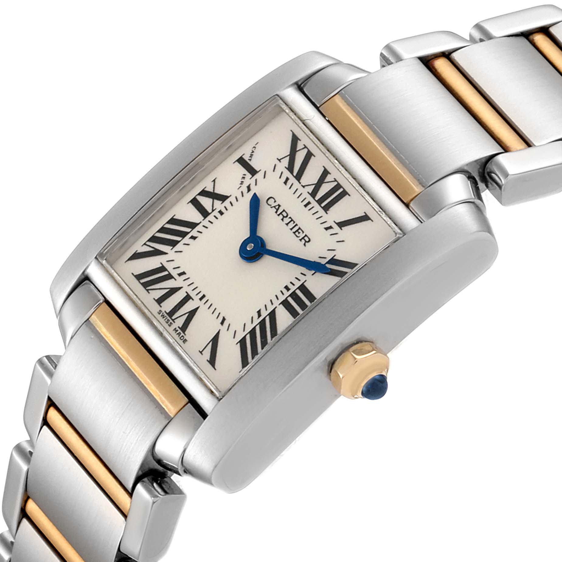 This image shows a close-up of the face and bracelet of the Cartier Tank Francaise W51007Q4 Women's Steel and Gold (two tone) Silver Dial W51007Q4 Women's Steel and Gold (two tone) Silver Dial watch, highlighting its rectangular dial and two-tone band.