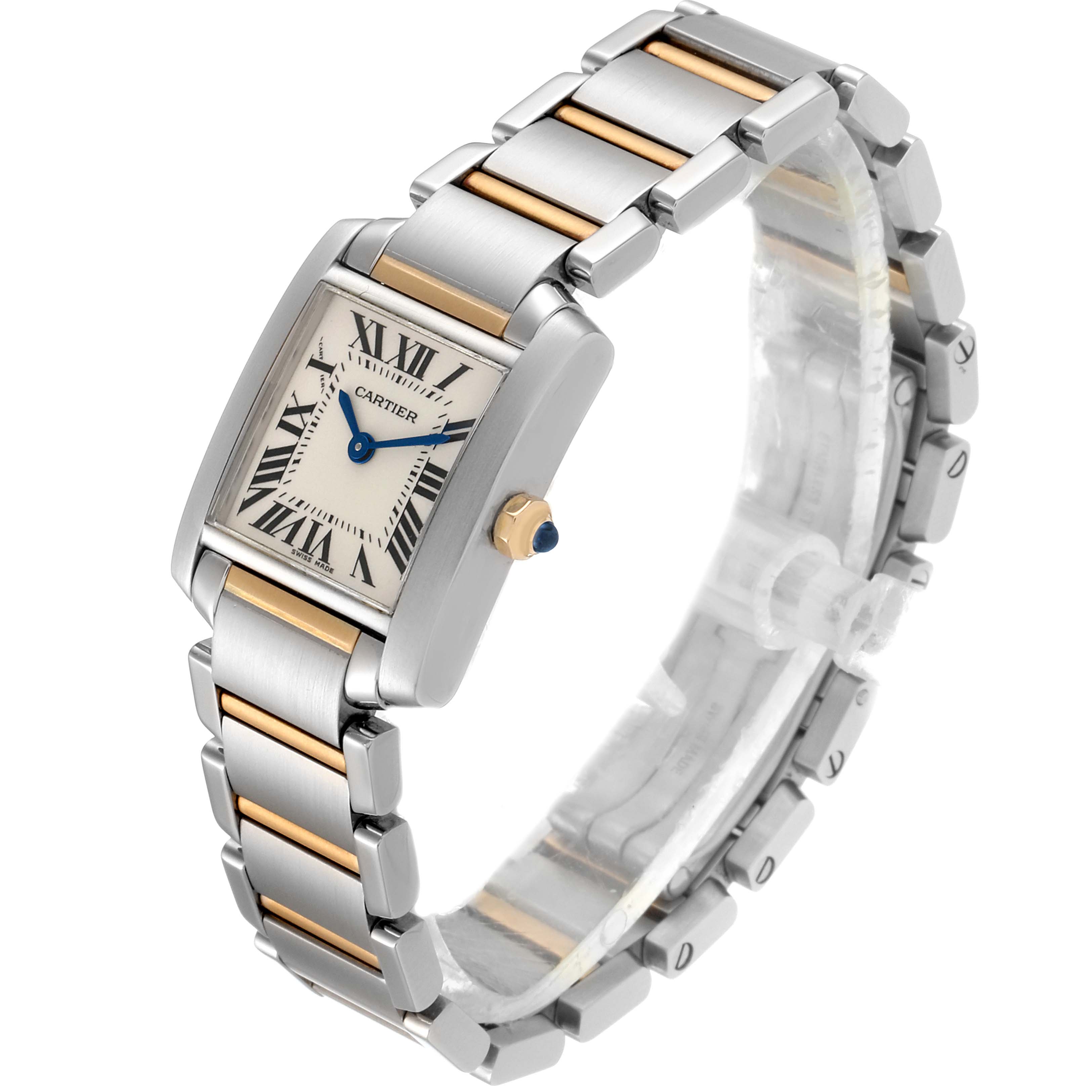 This image shows a Cartier Tank Francaise W51007Q4 Women's Steel and Gold (two tone) Silver Dial W51007Q4 Women's Steel and Gold (two tone) Silver Dial watch with a stainless steel and gold bracelet, displayed at a three-quarter angle.