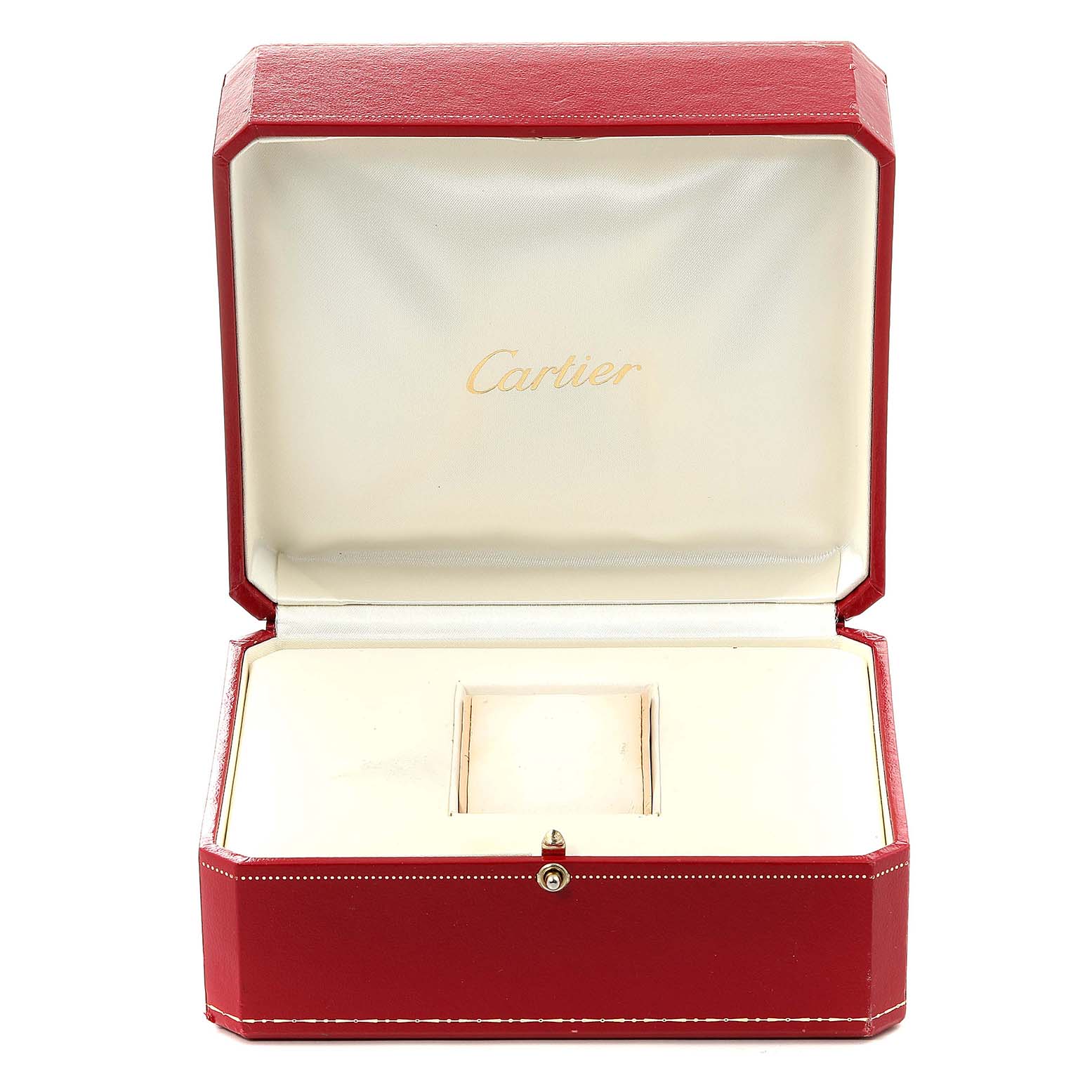 This image shows an open red Cartier box, likely for the Tank Francaise model watch, with a cushioned interior.