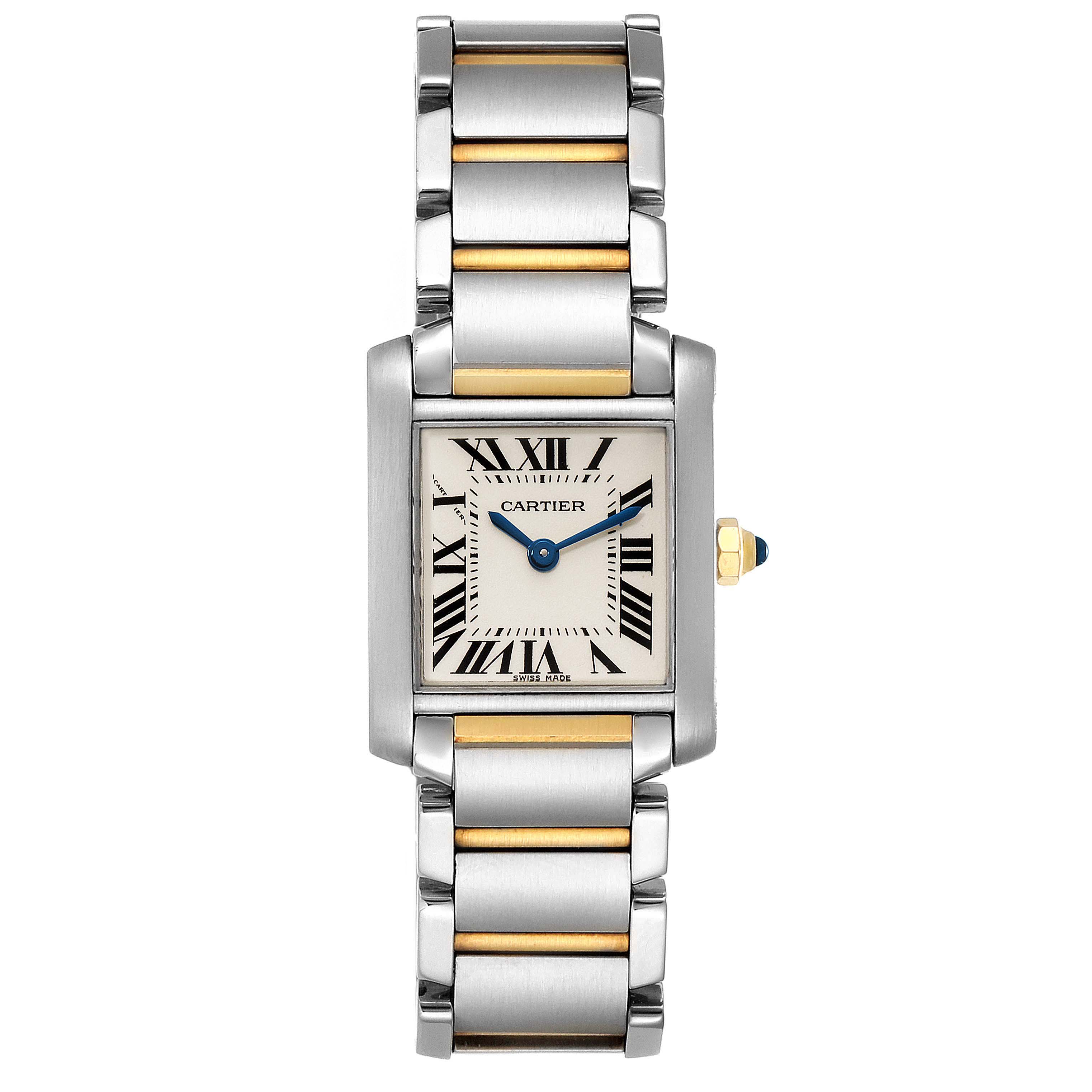 The Cartier Tank Francaise W51007Q4 Women's Steel and Gold (two tone) Silver Dial W51007Q4 Women's Steel and Gold (two tone) Silver Dial is shown from a top-down angle, displaying its rectangular face and two-tone metal bracelet.
