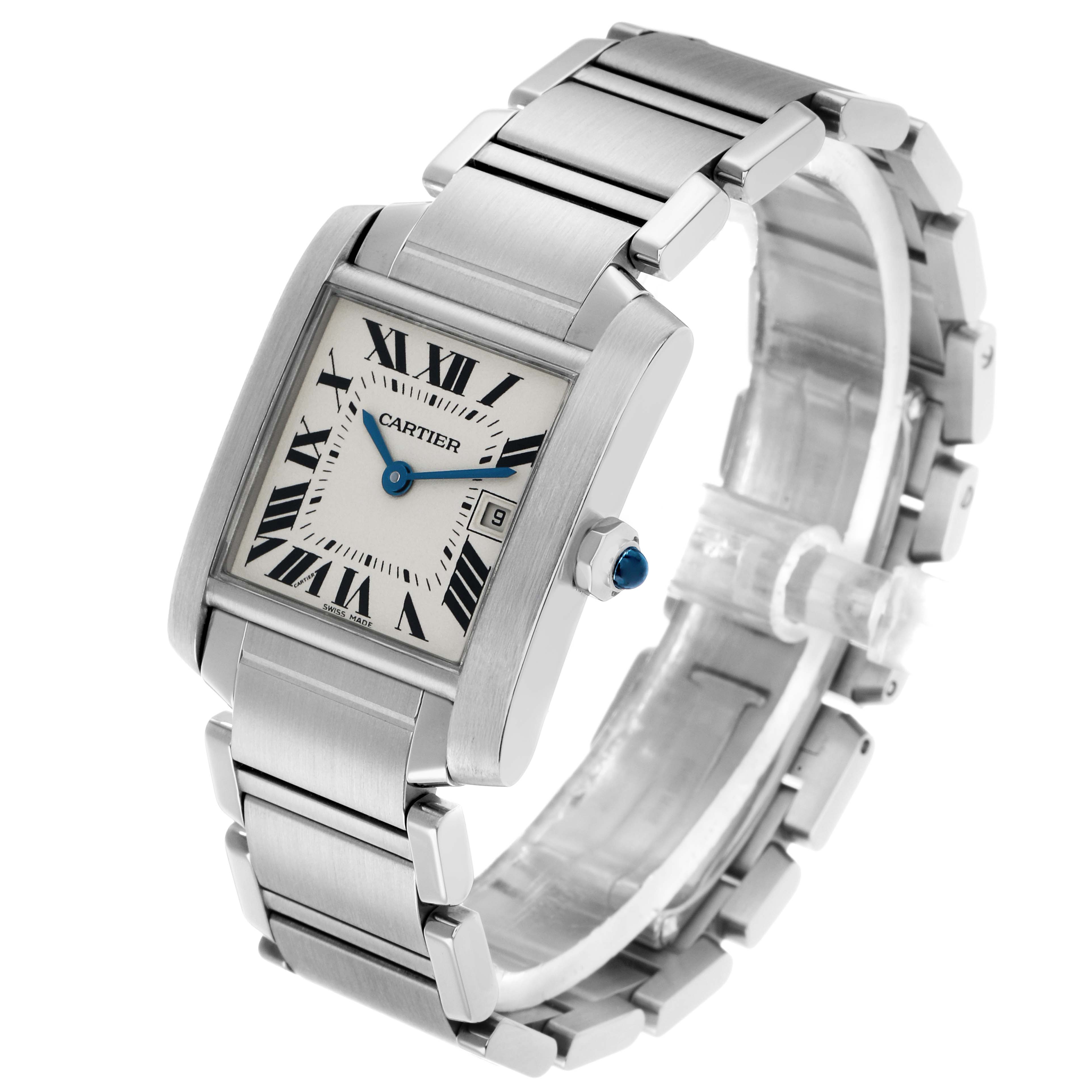 The image shows a Cartier Tank Française watch at an angle highlighting its face, Roman numerals, and metal bracelet.