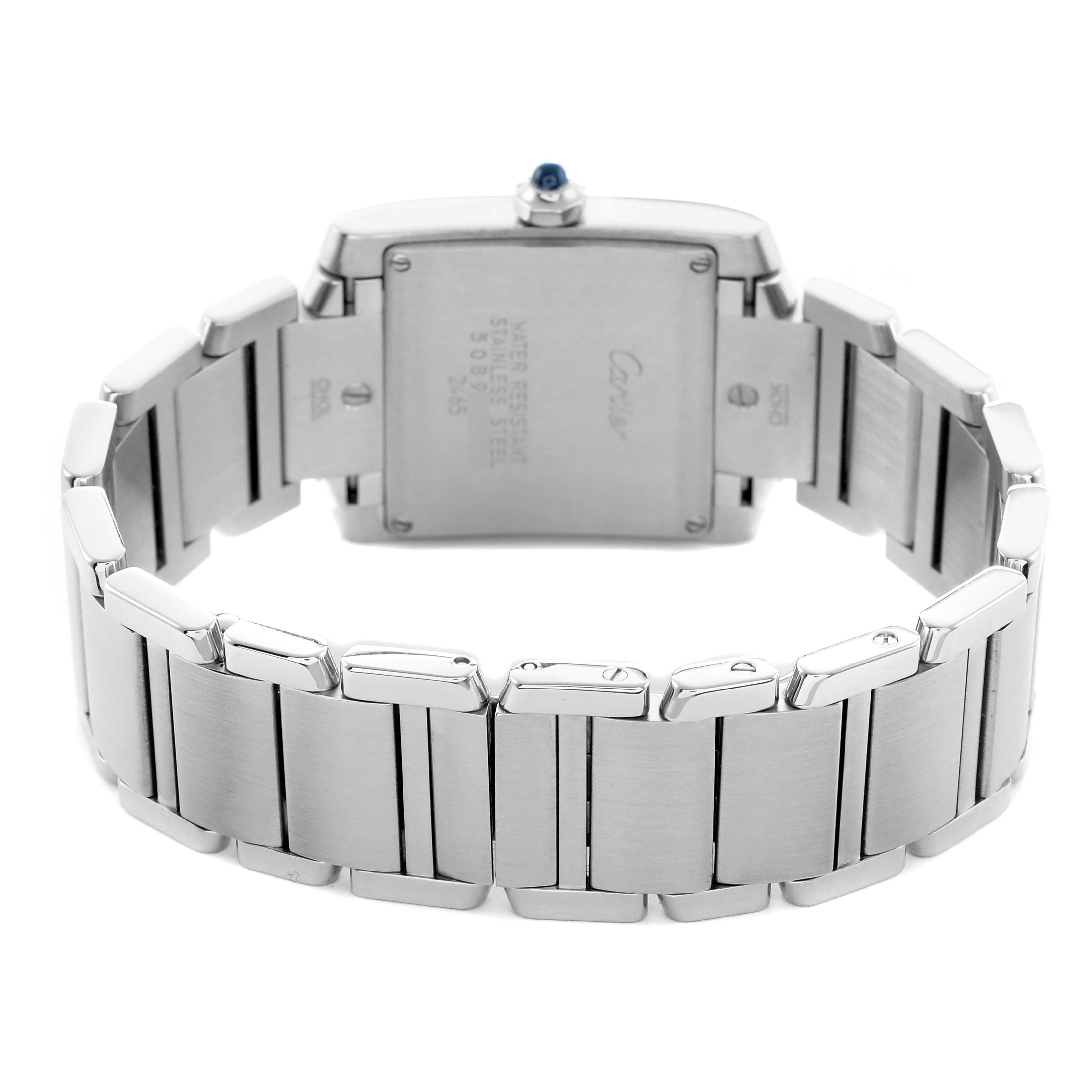 The image shows the back view of a Cartier Tank Française watch, highlighting the metal bracelet and case back details.