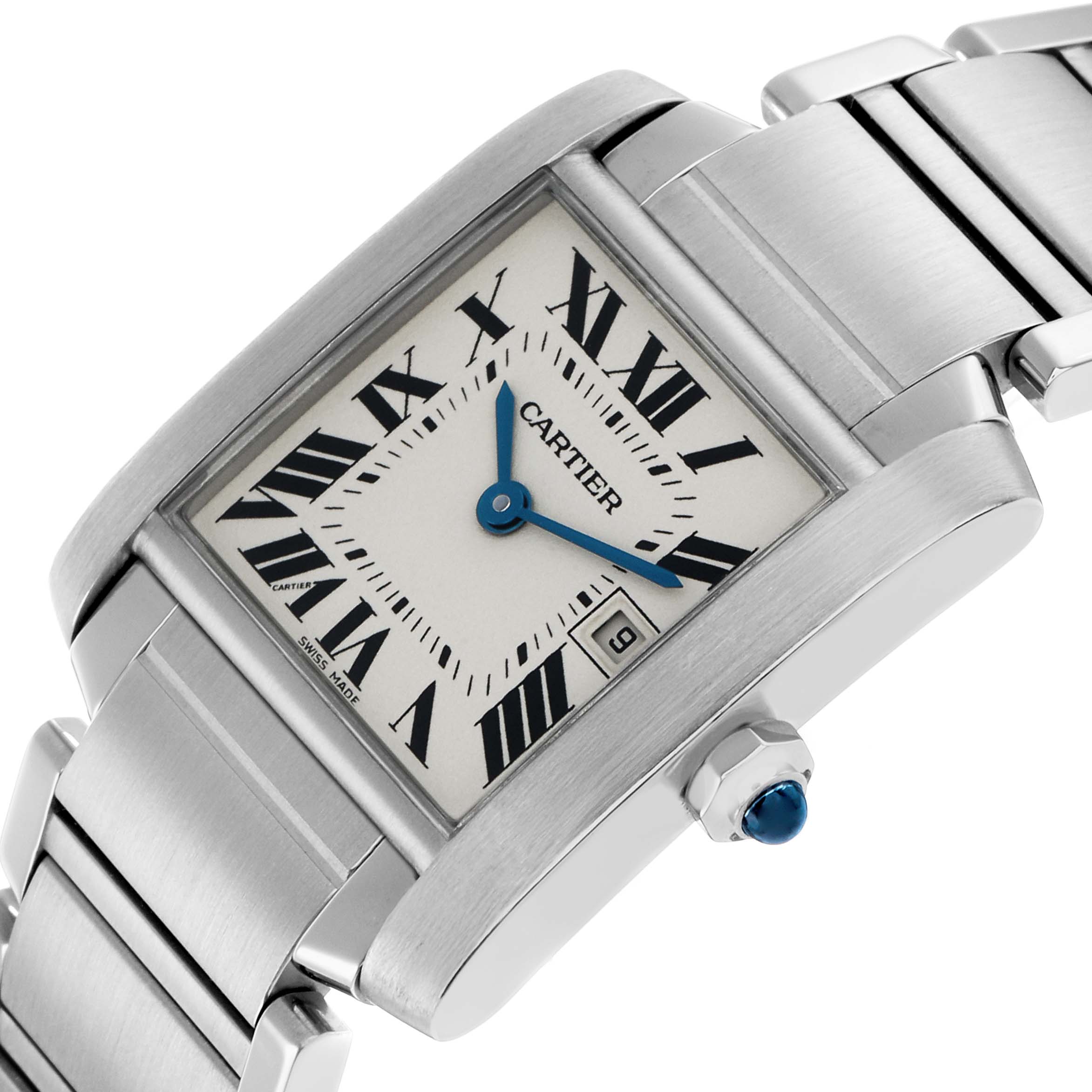 The Cartier Tank Francaise W51011Q3 Women's Stainless Steel Silver Dial watch is shown at an angle displaying the face, crown, and part of the bracelet.