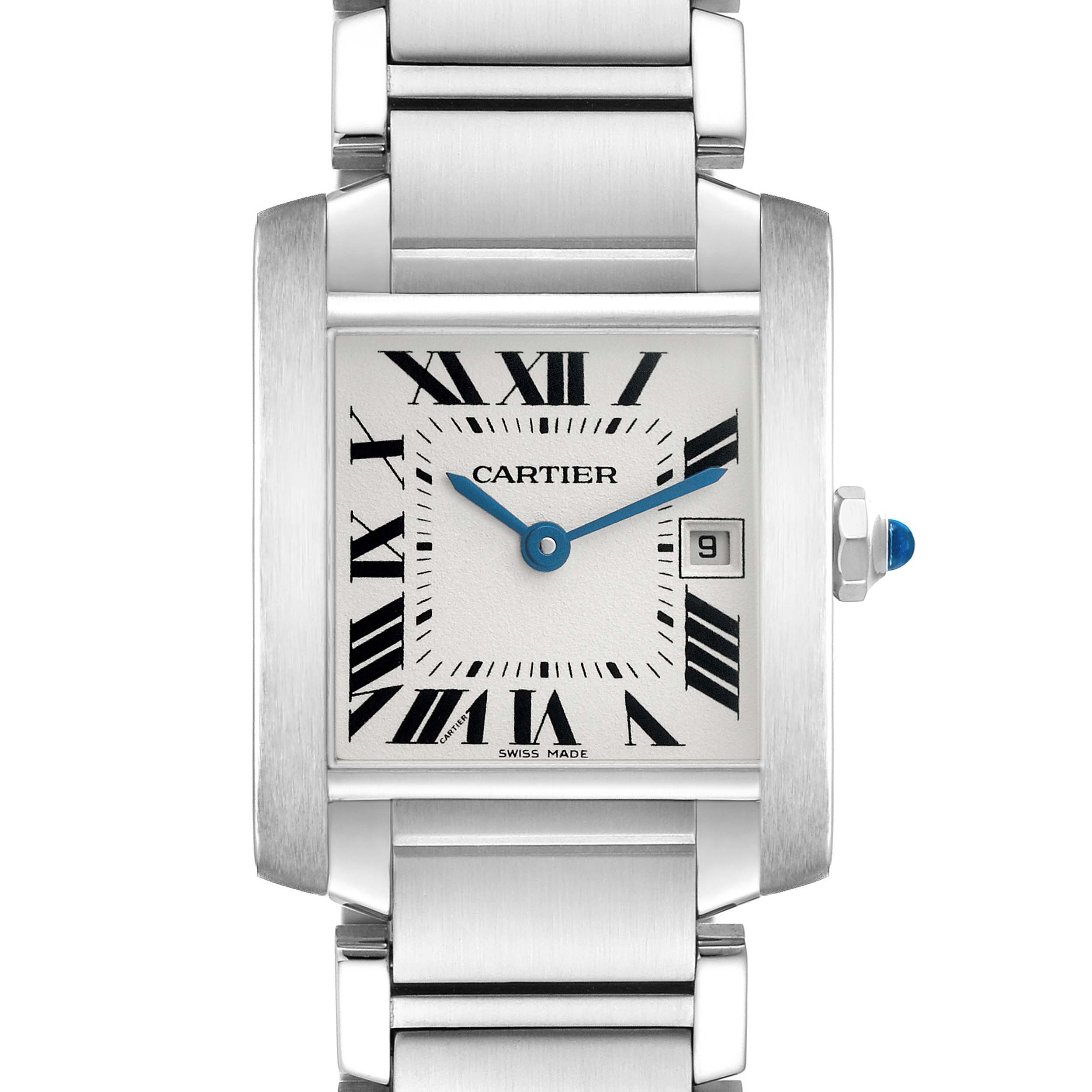 The Cartier Tank Francaise W51011Q3 Women's Stainless Steel Silver Dial watch is shown from a front angle, highlighting its face, Roman numerals, crown, and bracelet.