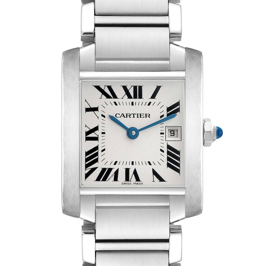 The Cartier Tank Francaise W51011Q3 Women's Stainless Steel Silver Dial watch is shown from a front angle, highlighting its face, Roman numerals, crown, and bracelet.
