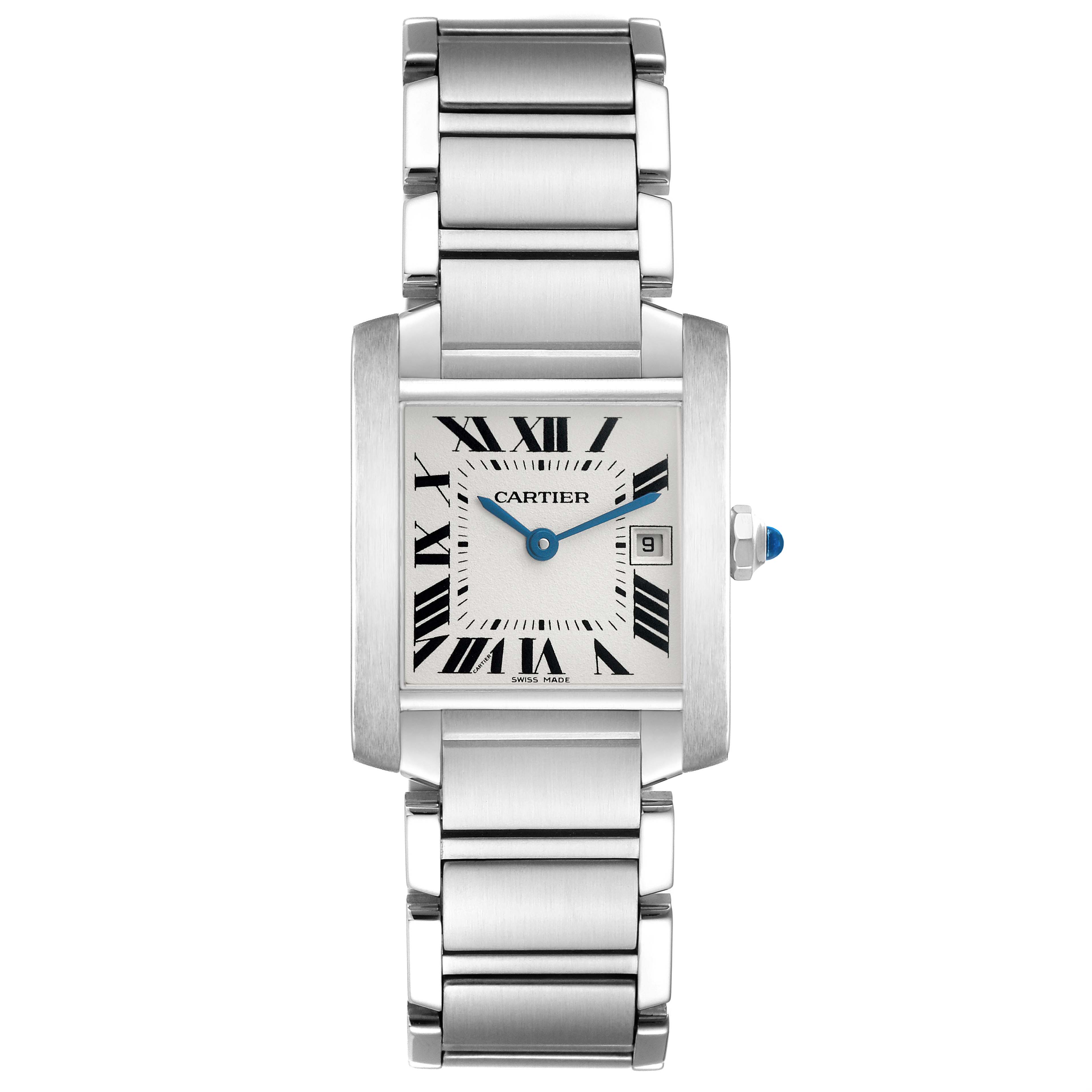 The Cartier Tank Francaise W51011Q3 Women's Stainless Steel Silver Dial watch is shown from a top-down angle, displaying its face, bracelet, and crown detail.