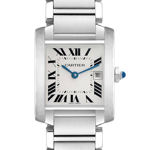The Cartier Tank Francaise W51011Q3 Women's Stainless Steel Silver Dial watch is shown from a front angle, highlighting its face, bracelet, and crown.