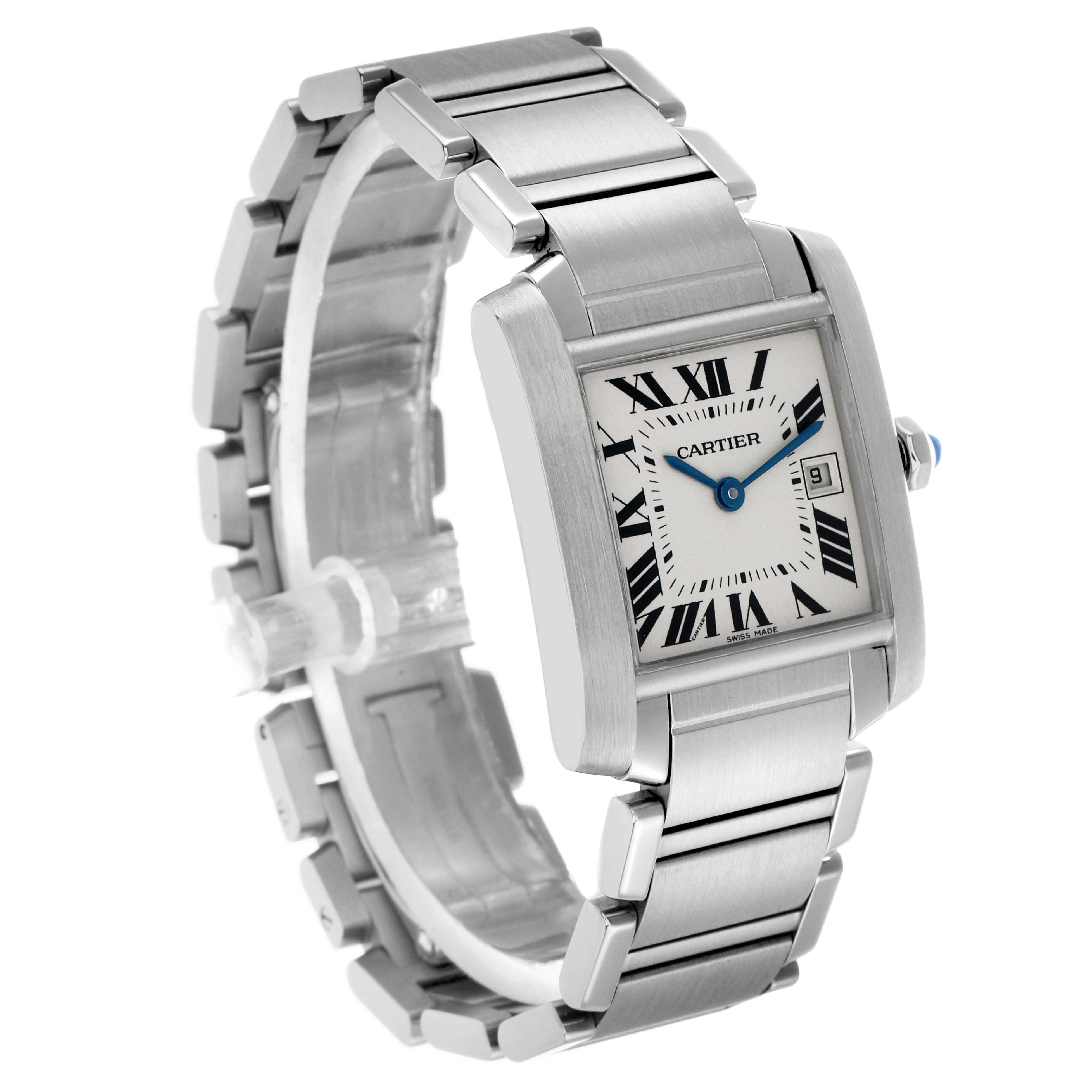 The Cartier Tank Francaise W51011Q3 Women's Stainless Steel Silver Dial watch is shown at a three-quarter angle, displaying its face, bracelet, and date feature.