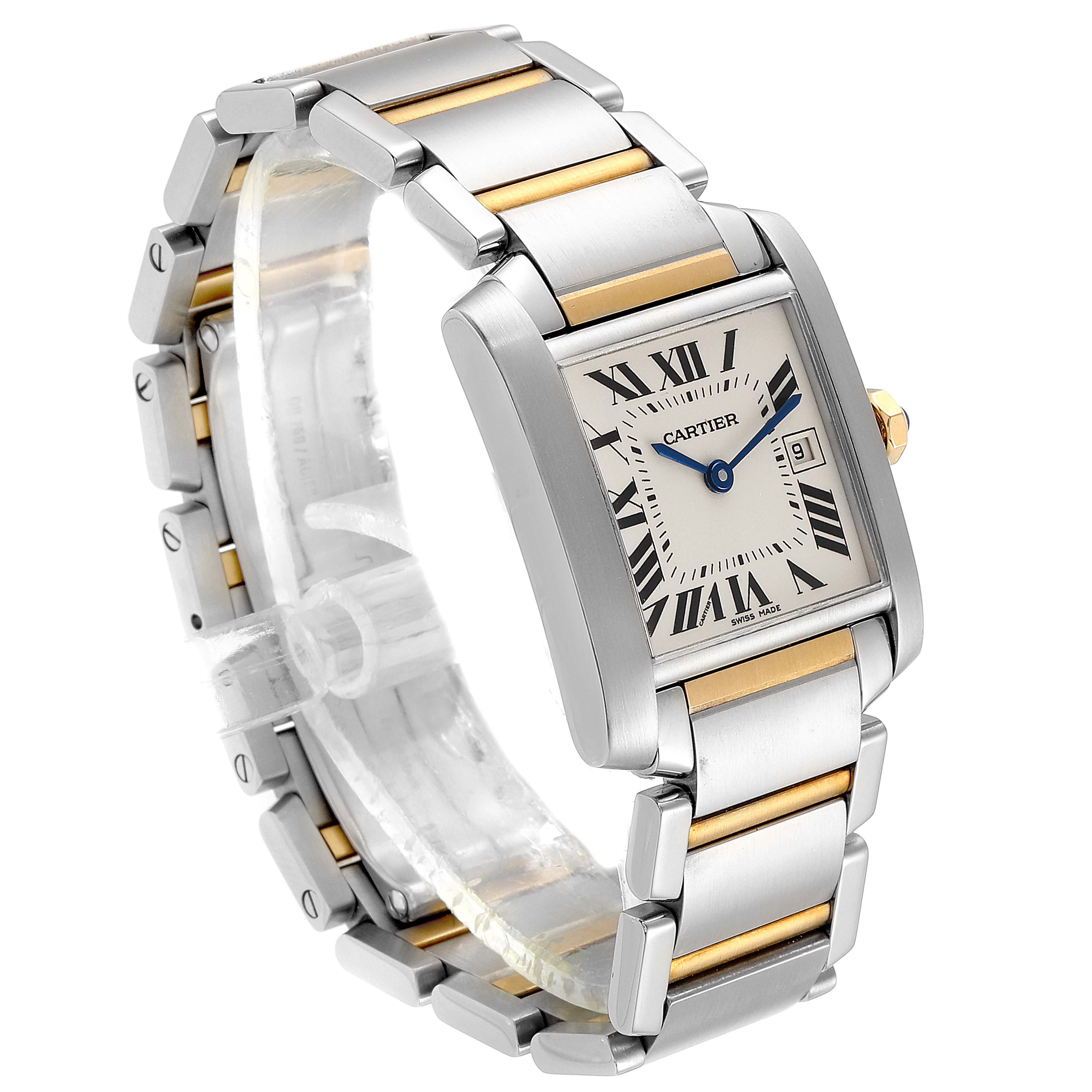 The image shows a Cartier Tank Francaise W51012Q4 Women's Steel and Gold (two tone) Silver Dial W51012Q4 Women's Steel and Gold (two tone) Silver Dial watch at a three-quarter angle, displaying the face, bracelet, and crown.