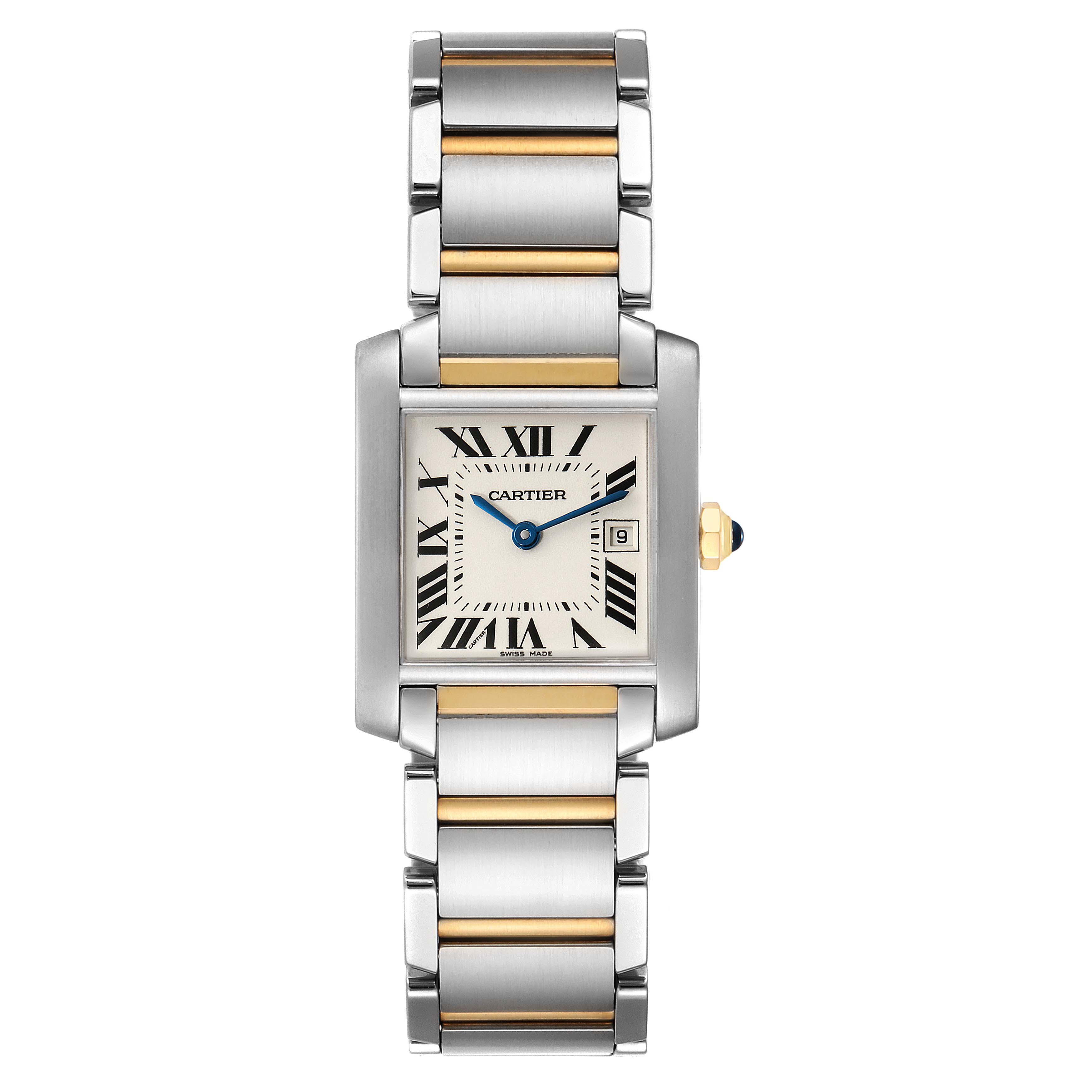 The Cartier Tank Française watch is shown from the front, displaying its rectangular face, metal bracelet, and Roman numeral markers.