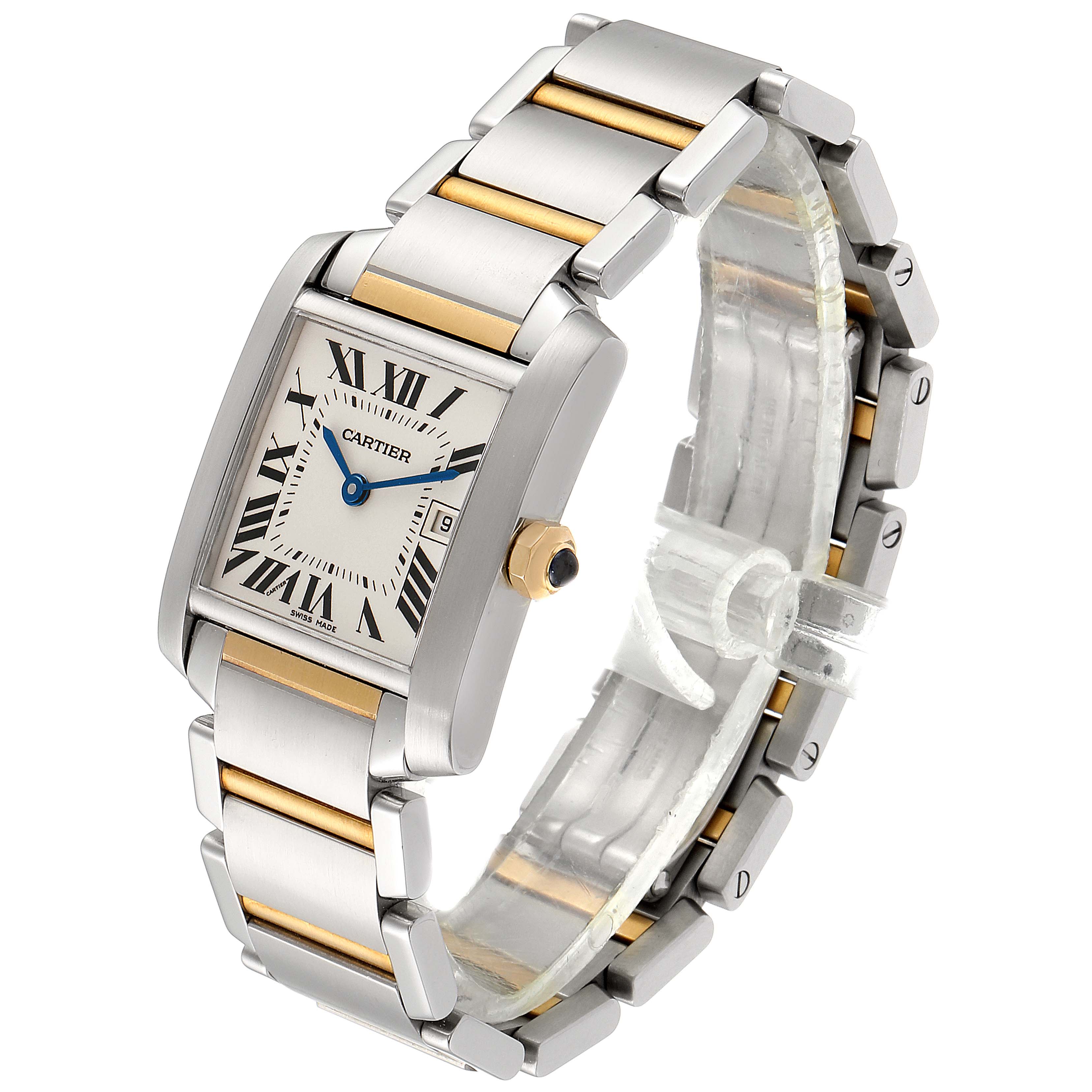The Cartier Tank Française watch is shown at a three-quarter angle, highlighting its rectangular face, two-tone bracelet, and crown.