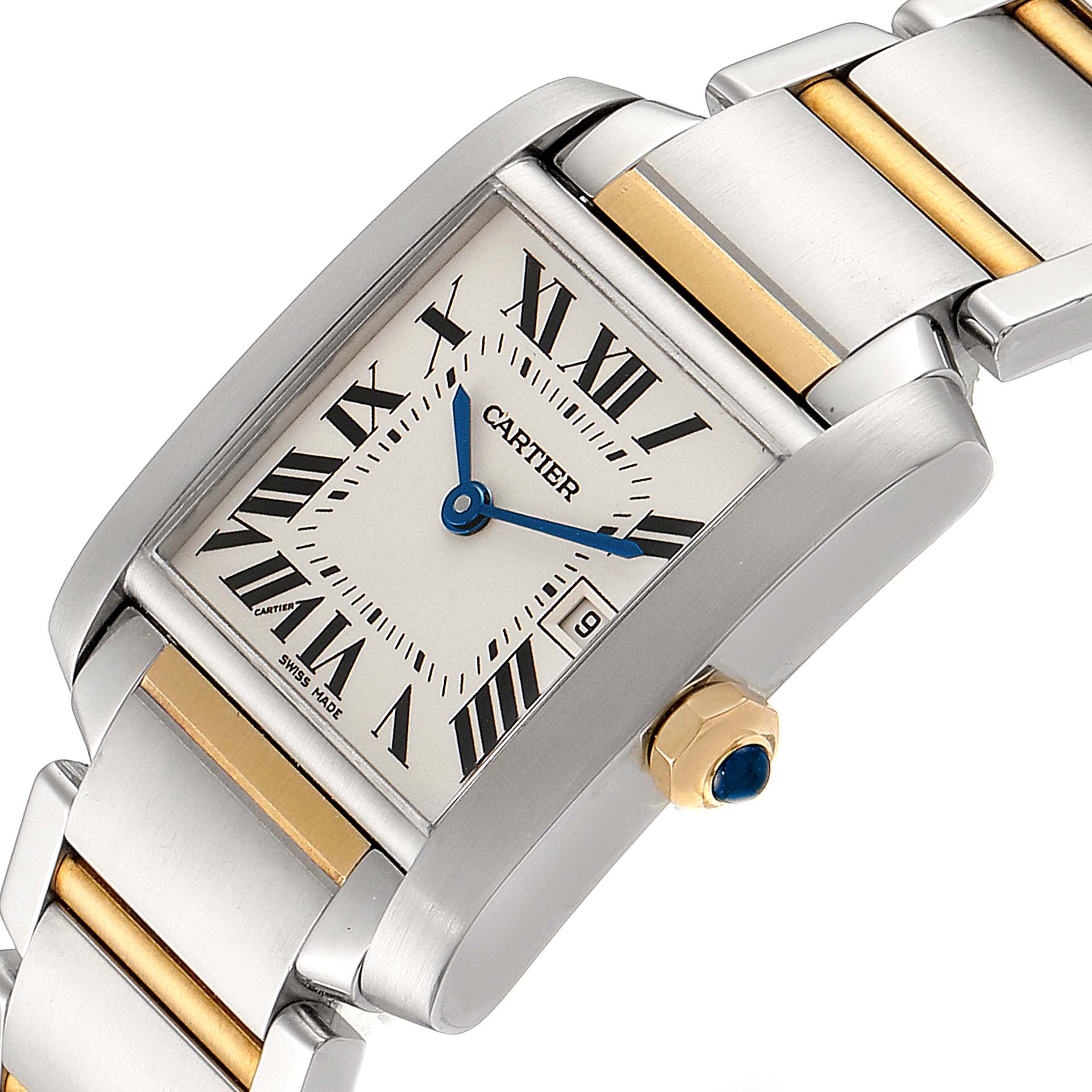 This image shows a close-up angle of the Cartier Tank Française watch, highlighting its rectangular case, bracelet, and crown with a blue gem.