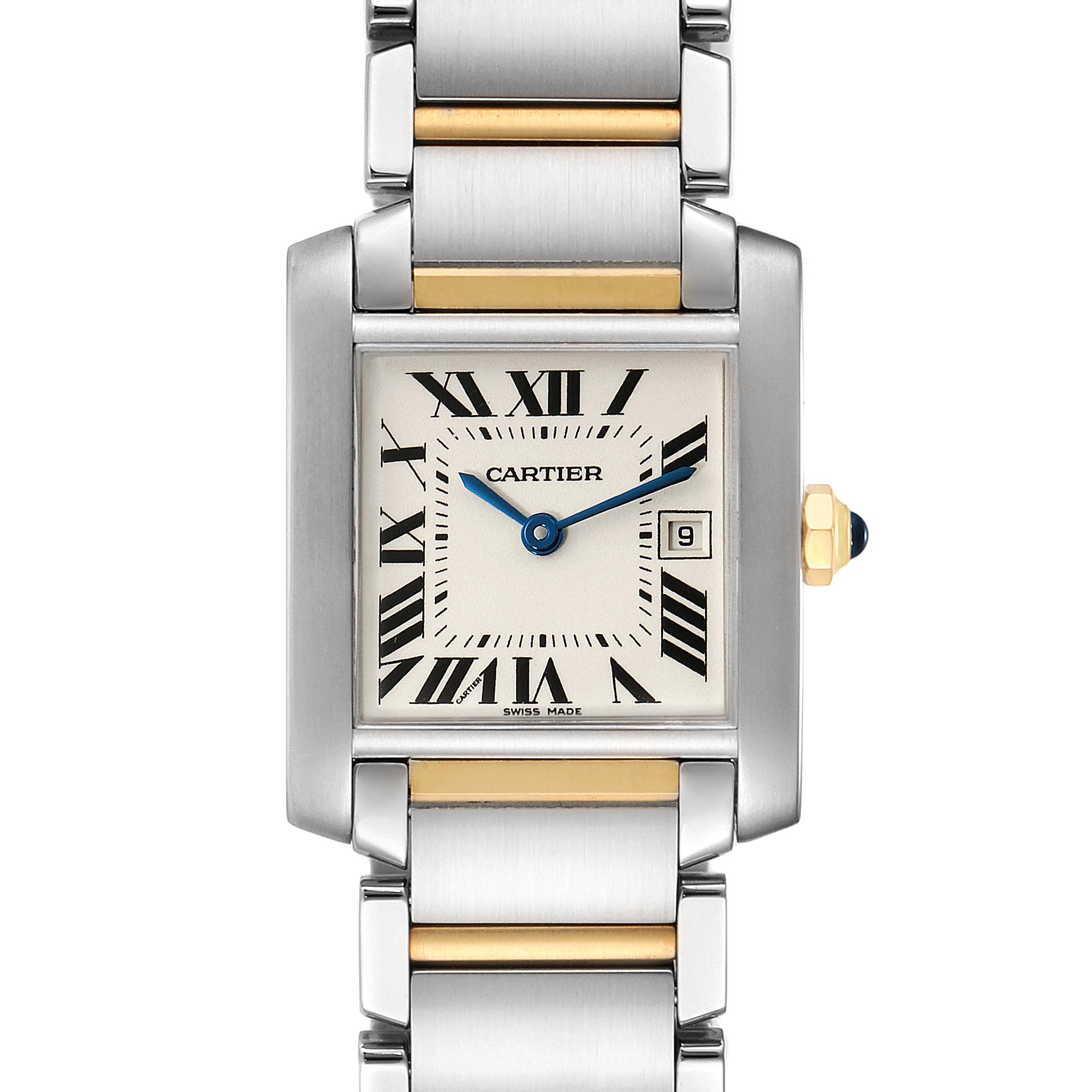 The image shows a frontal view of a Cartier Tank Francaise W51012Q4 Women's Steel and Gold (two tone) Silver Dial W51012Q4 Women's Steel and Gold (two tone) Silver Dial watch, featuring its face, bracelet, and crown.
