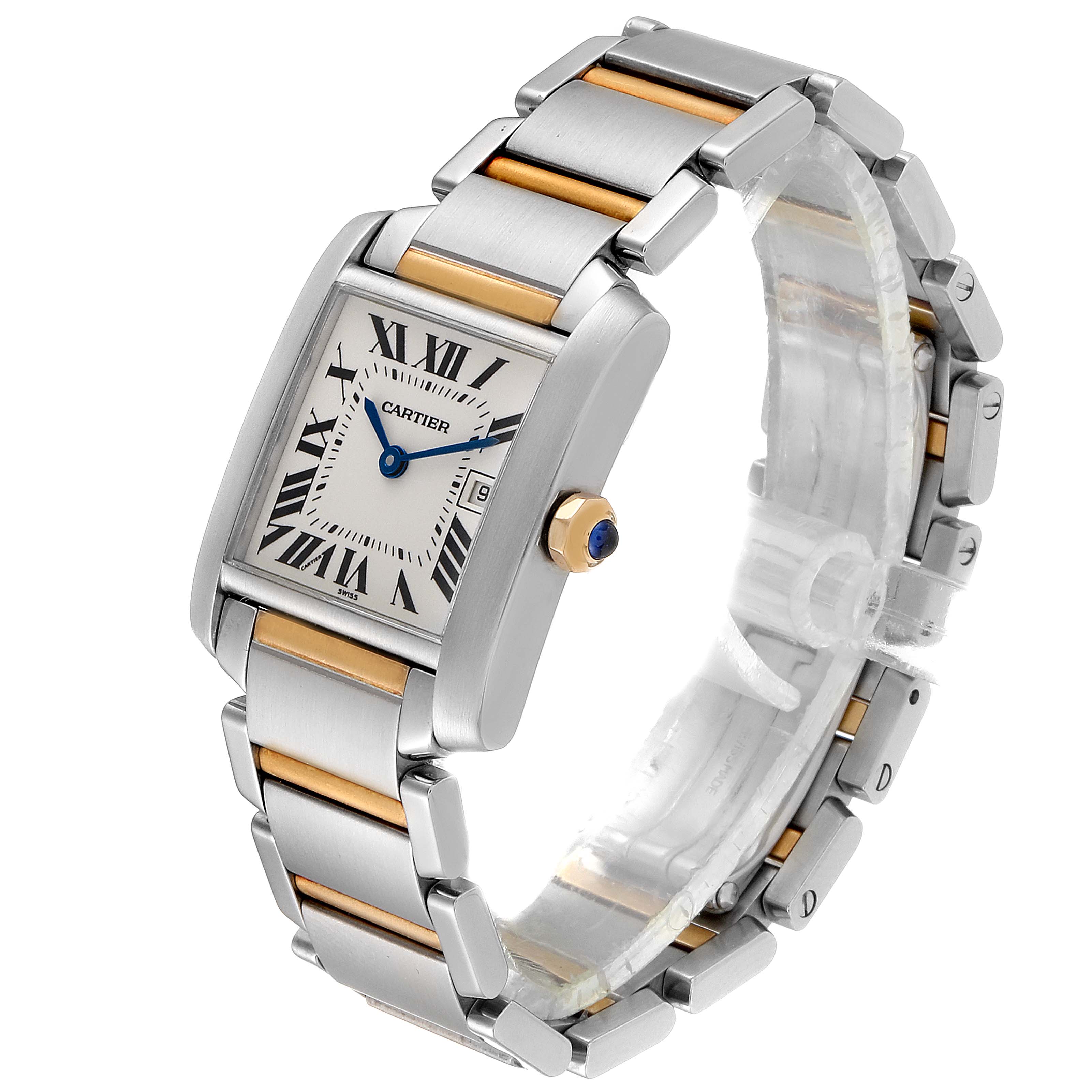 This image shows a Cartier Tank Française watch angled to display the face, bezel, crown, and two-tone bracelet.