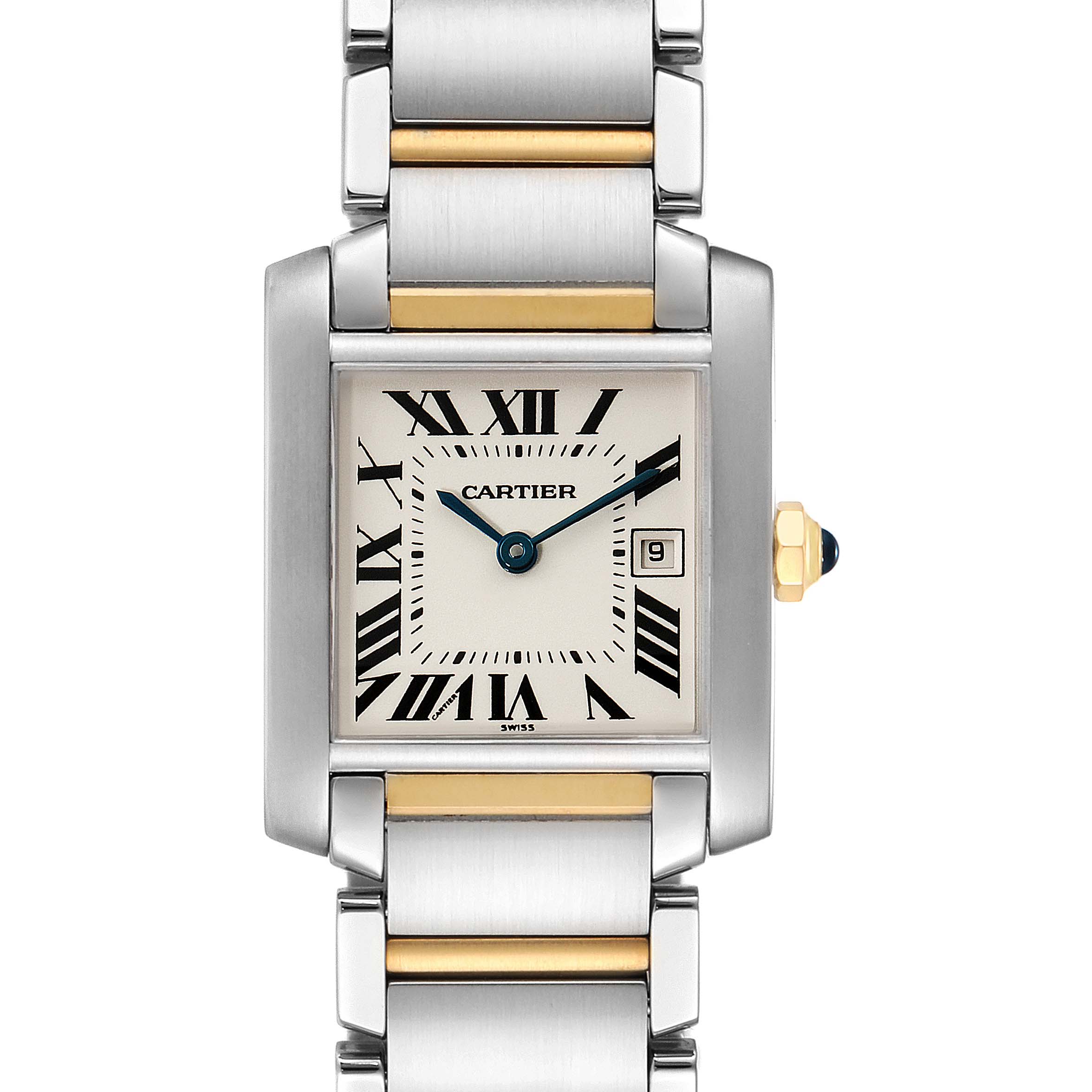 The image shows a front view of the Cartier Tank Francaise W51012Q4 Women's Steel and Gold (two tone) Silver Dial W51012Q4 Women's Steel and Gold (two tone) Silver Dial watch, displaying the face, bracelet, and crown in detail.