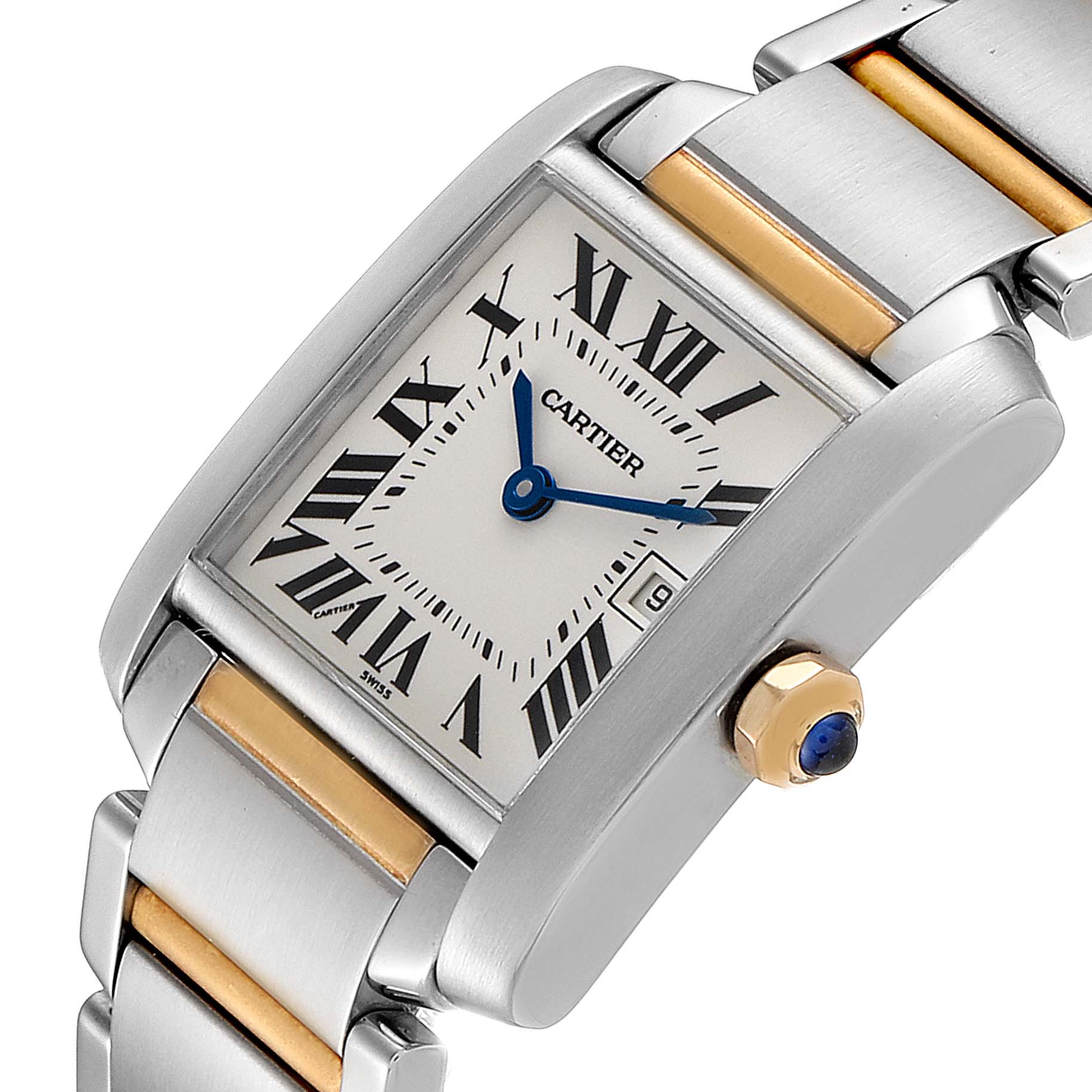 The image shows an angled view of the Cartier Tank Francaise W51012Q4 Women's Steel and Gold (two tone) Silver Dial W51012Q4 Women's Steel and Gold (two tone) Silver Dial watch, highlighting its face, Roman numerals, and two-tone bracelet.