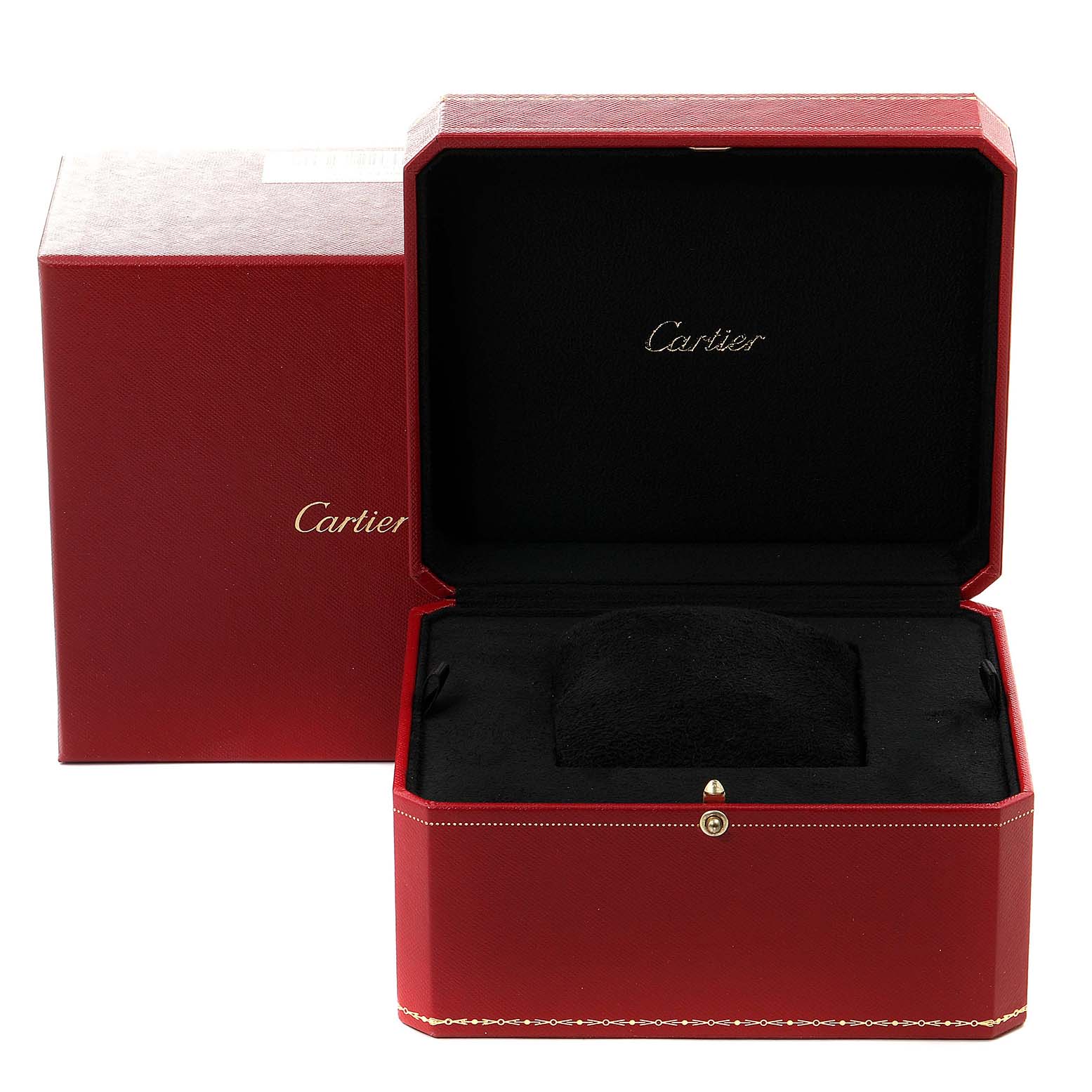 This image shows an open Cartier Tank Francaise W51012Q4 Women's Steel and Gold (two tone) Silver Dial W51012Q4 Women's Steel and Gold (two tone) Silver Dial watch box in red, with the brand name on the inner lid.