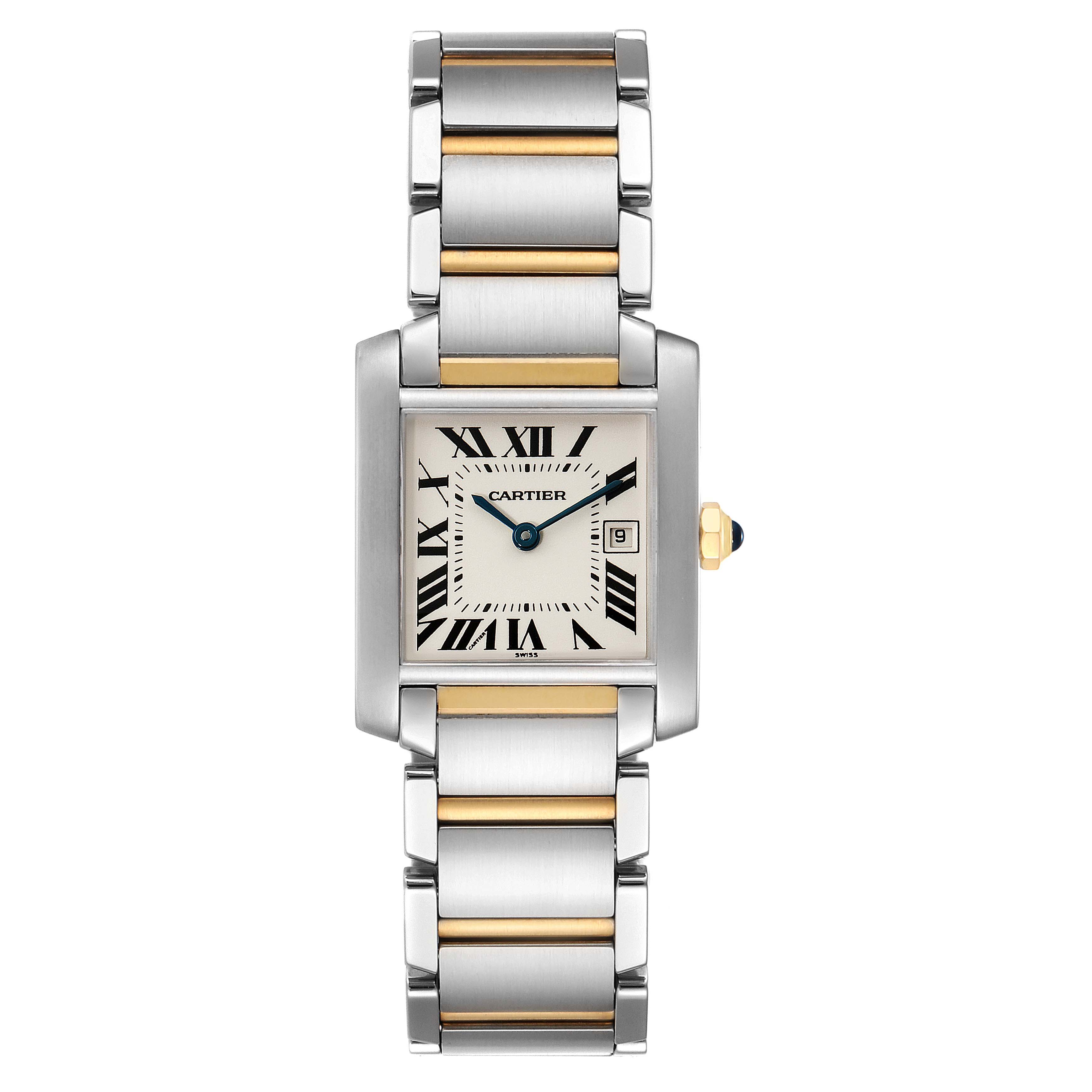 The image shows a frontal view of a Cartier Tank Francaise W51012Q4 Women's Steel and Gold (two tone) Silver Dial W51012Q4 Women's Steel and Gold (two tone) Silver Dial watch, displaying its face and metal strap.