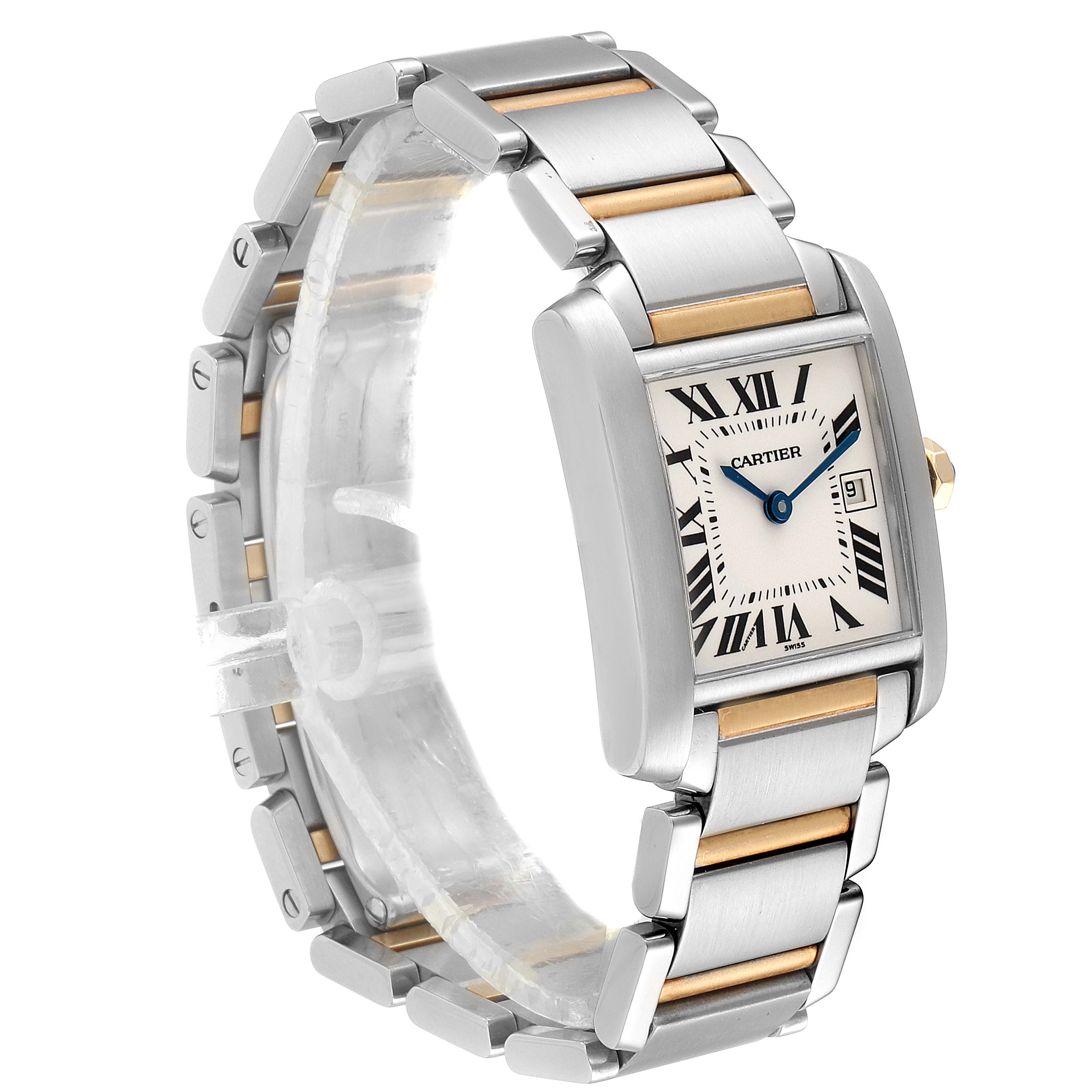 The image shows a Cartier Tank Française watch from a three-quarter angle, highlighting its rectangular face, Roman numerals, and two-tone bracelet.